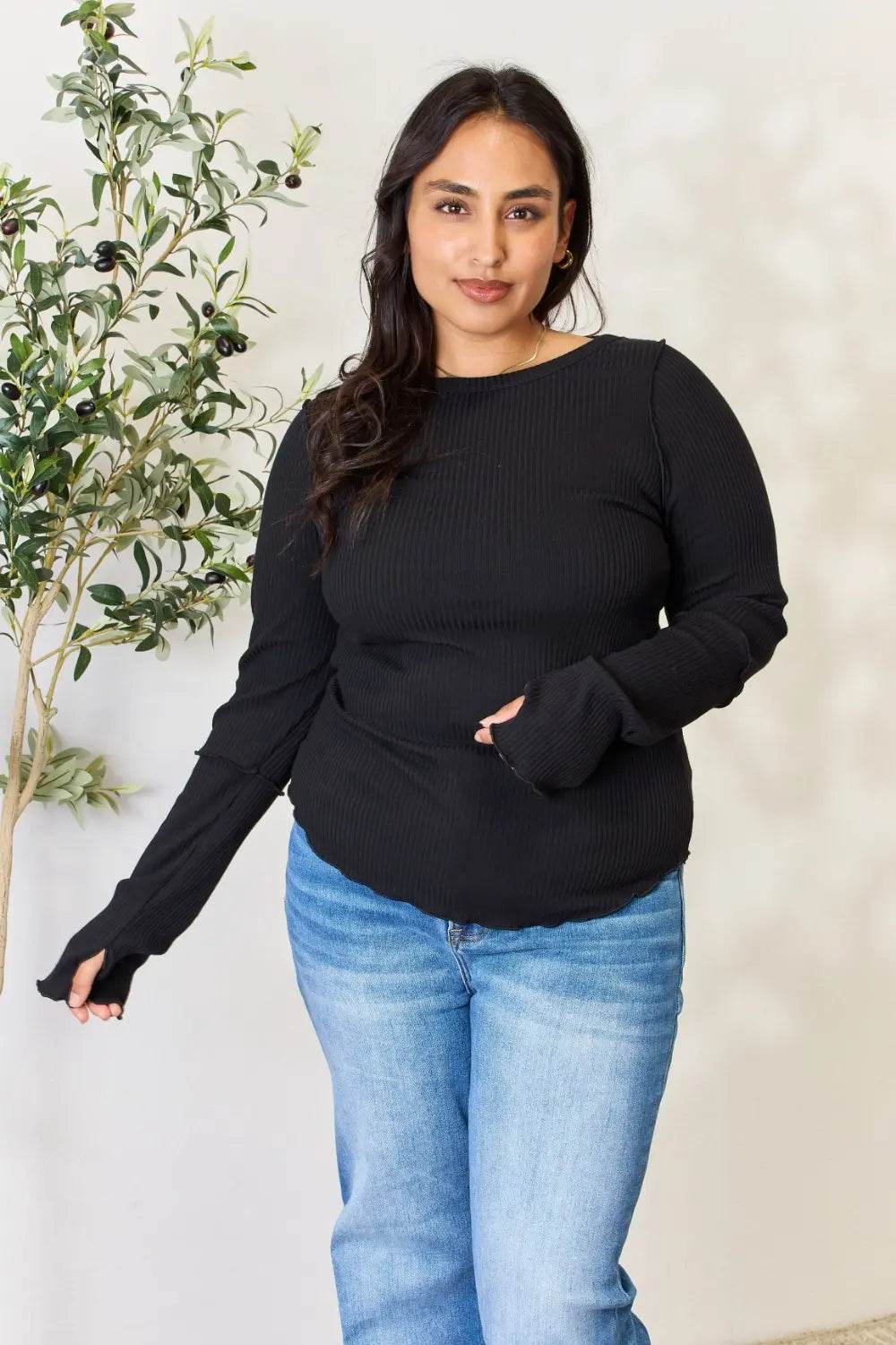 Culture Code Full Size Ribbed Round Neck Long Sleeve Top - ELY VESSA LLC