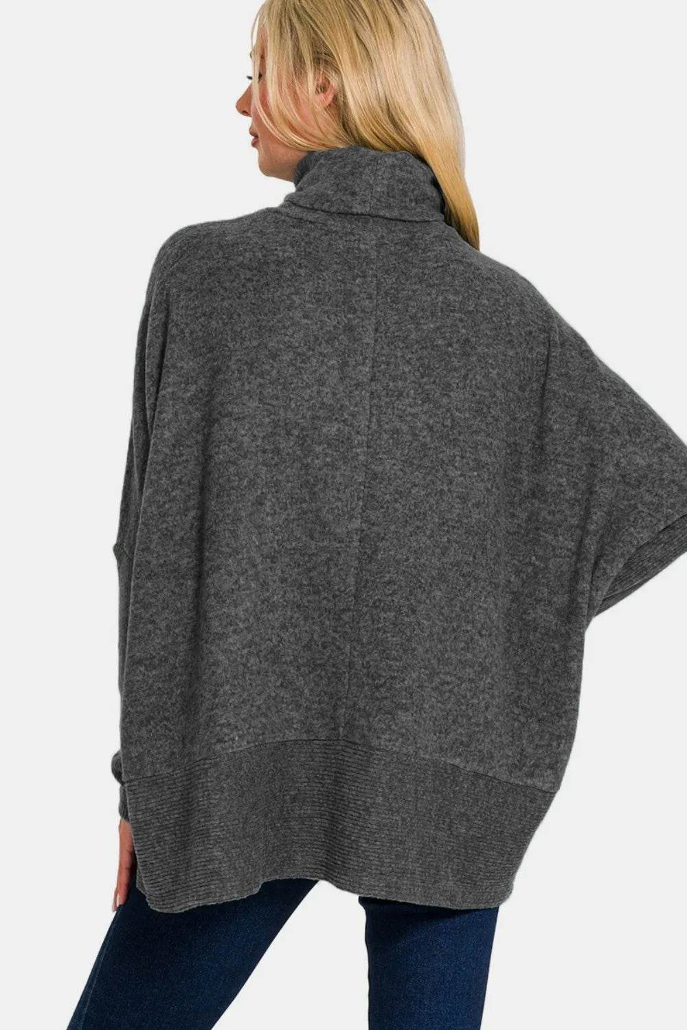 Zenana Full Size Brushed Melange Hacci Turtleneck Sweater - ELY VESSA LLC