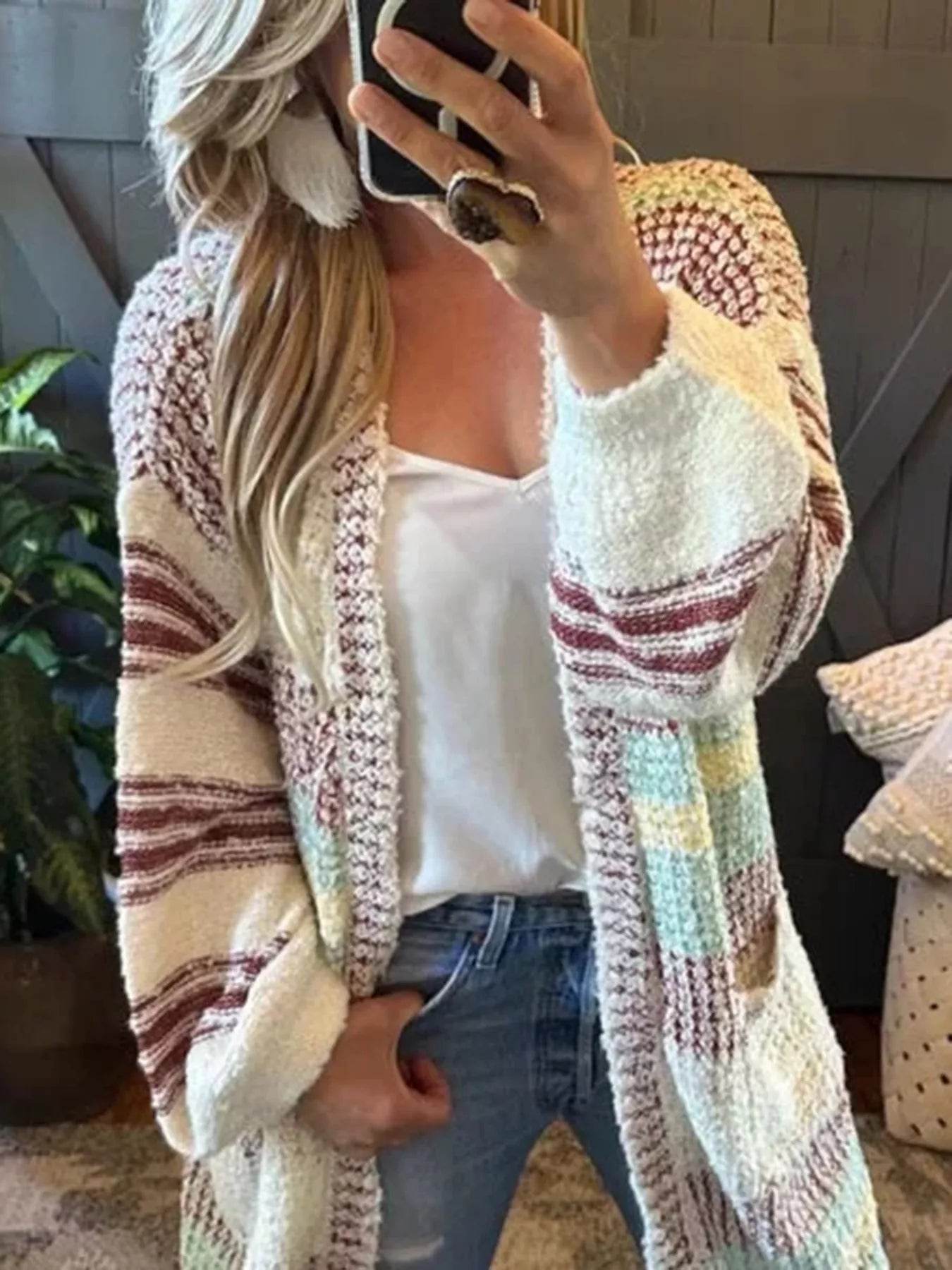 Striped Open Front Longline Cardigan - ELY VESSA LLC
