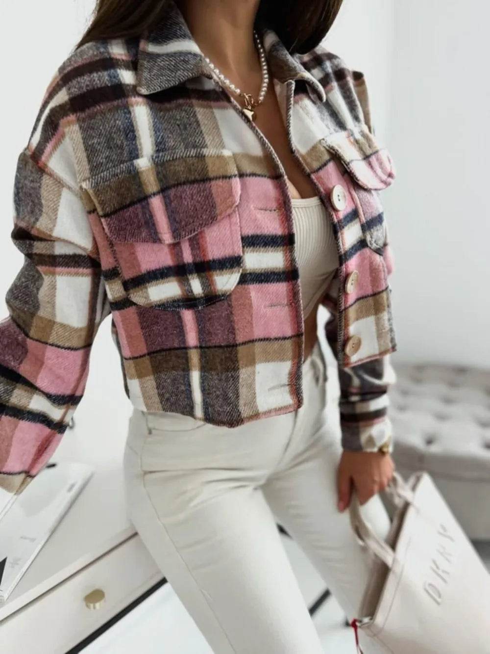 Pocketed Collared Neck Long Sleeve Plaid Jacket - ELY VESSA LLC