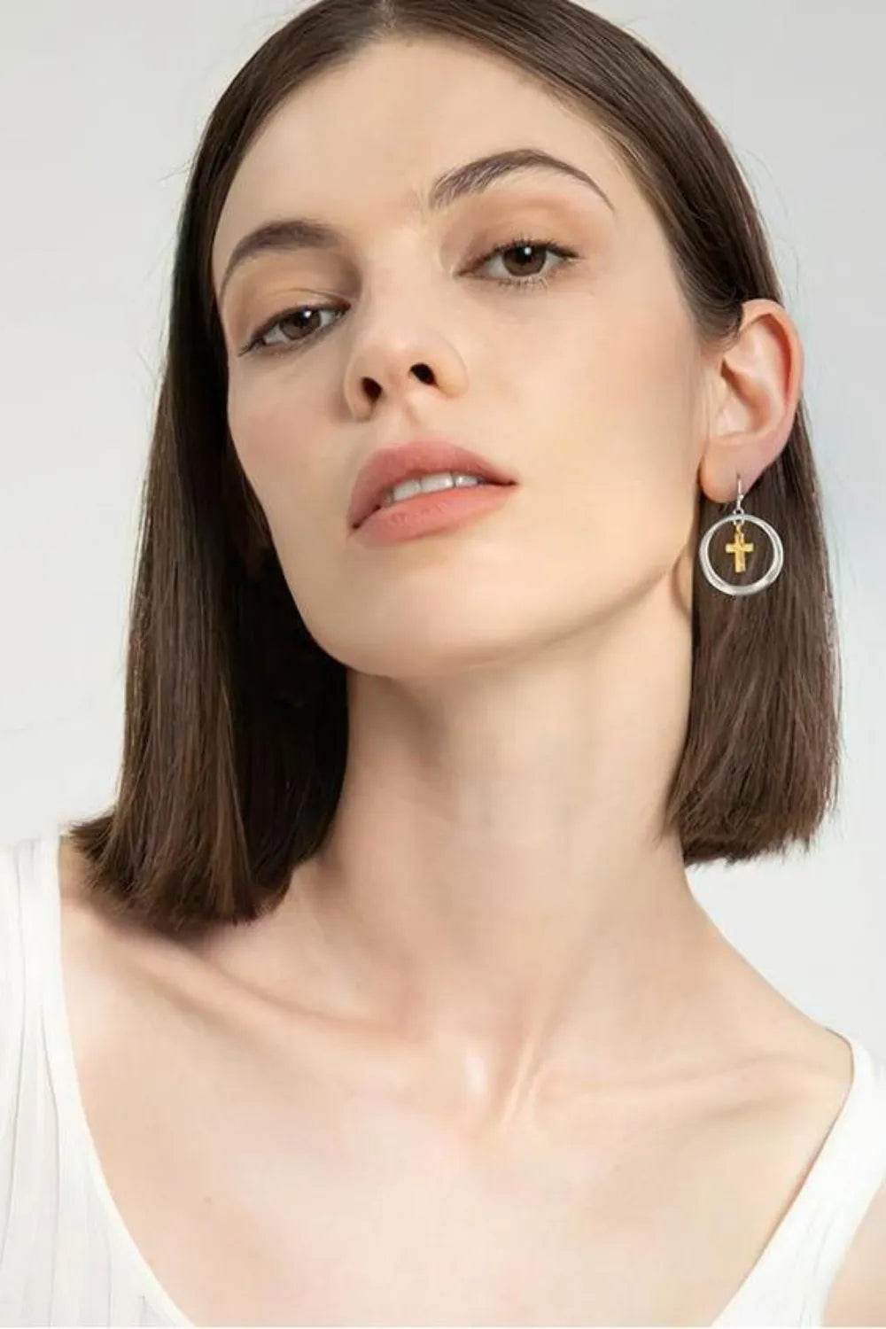 Brass Contrast Cross Dangle Earrings - ELY VESSA LLC