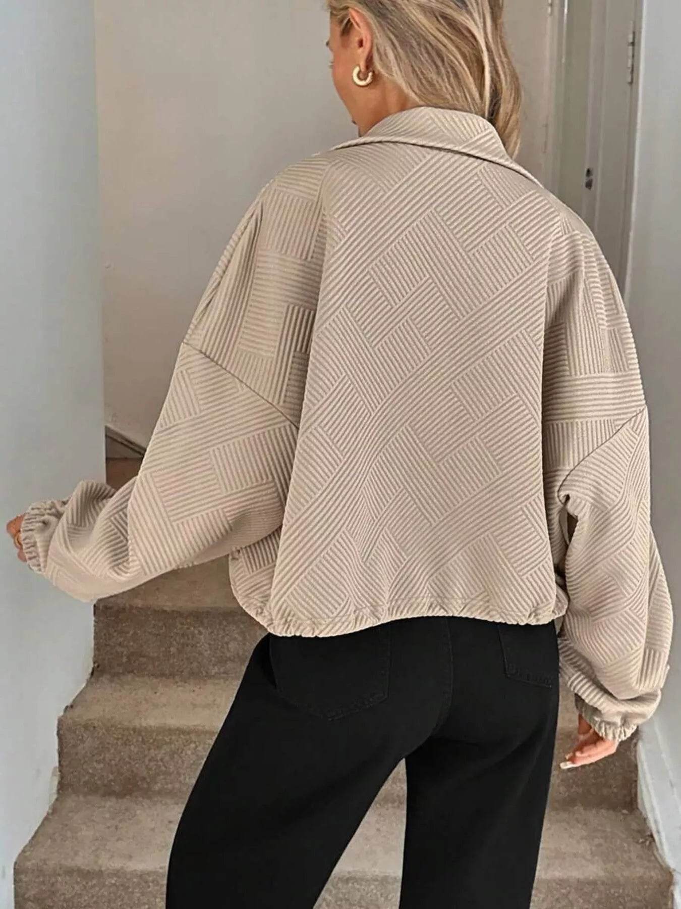 Drawstring Hem Textured Long Sleeve Jacket - ELY VESSA LLC