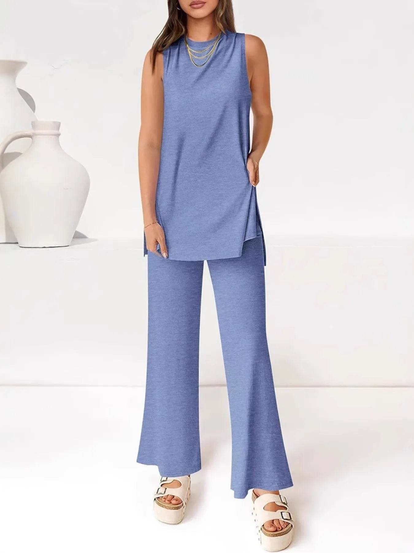 Round Neck Tank and Pants Set - ELY VESSA LLC