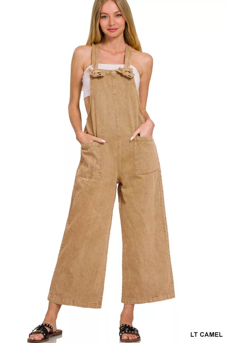 Zenana Washed Knot Strap Pockets Jumpsuit - ELY VESSA LLC