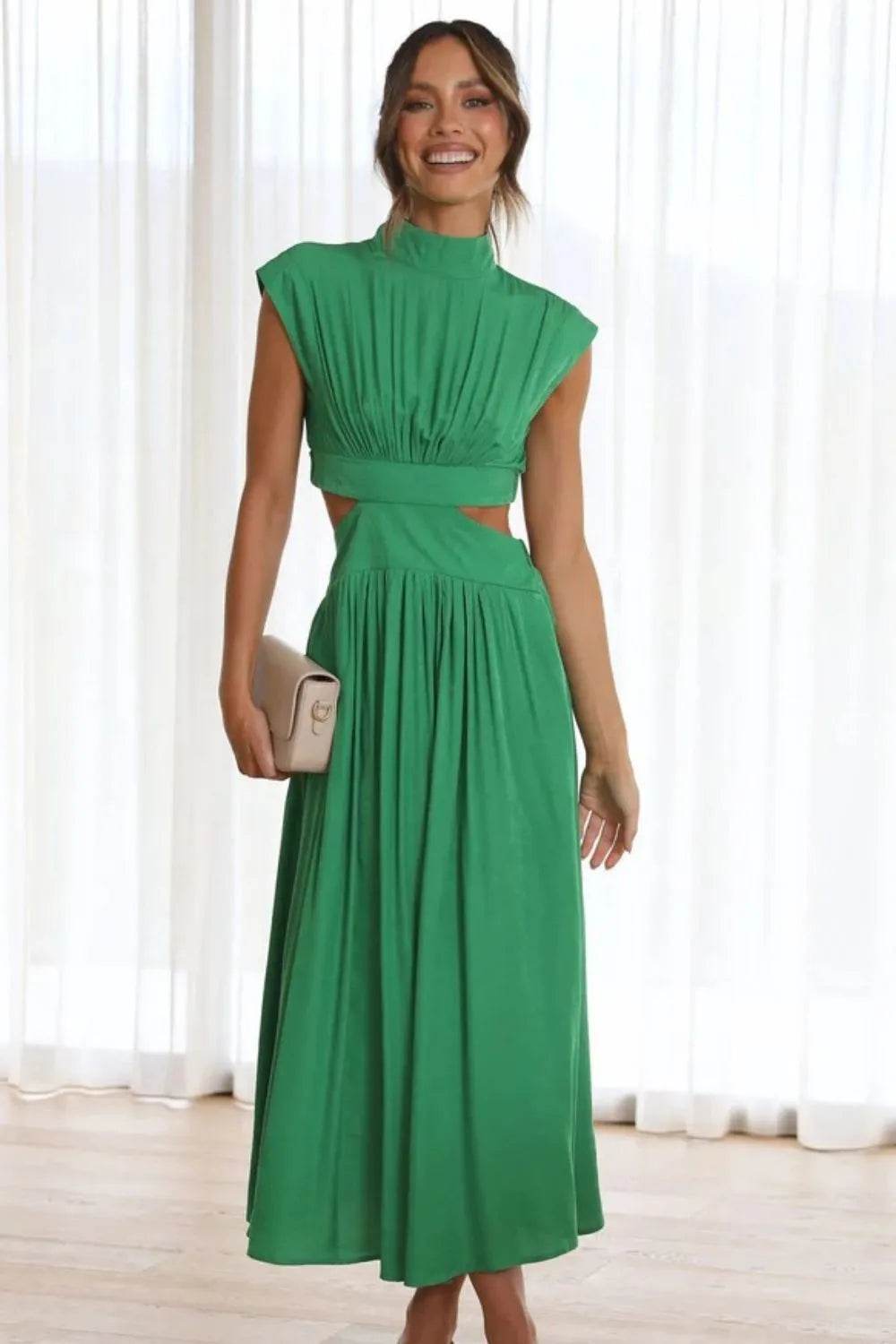 Cutout Mock Neck Sleeveless Ruched Dress - ELY VESSA LLC