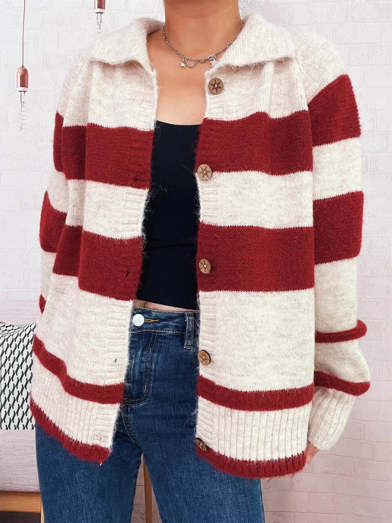 Striped Button-Up Cozy Cardigan - ELY VESSA LLC