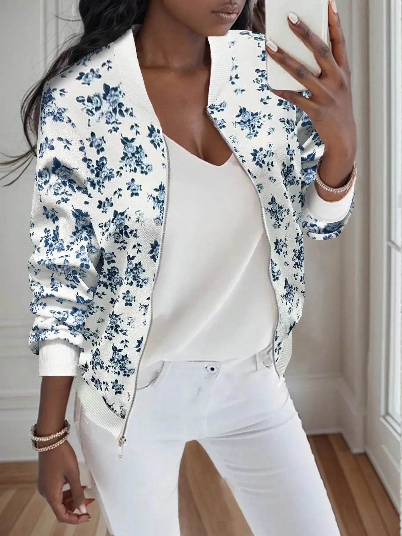 Printed Zip Up Long Sleeve Jacket - ELY VESSA LLC