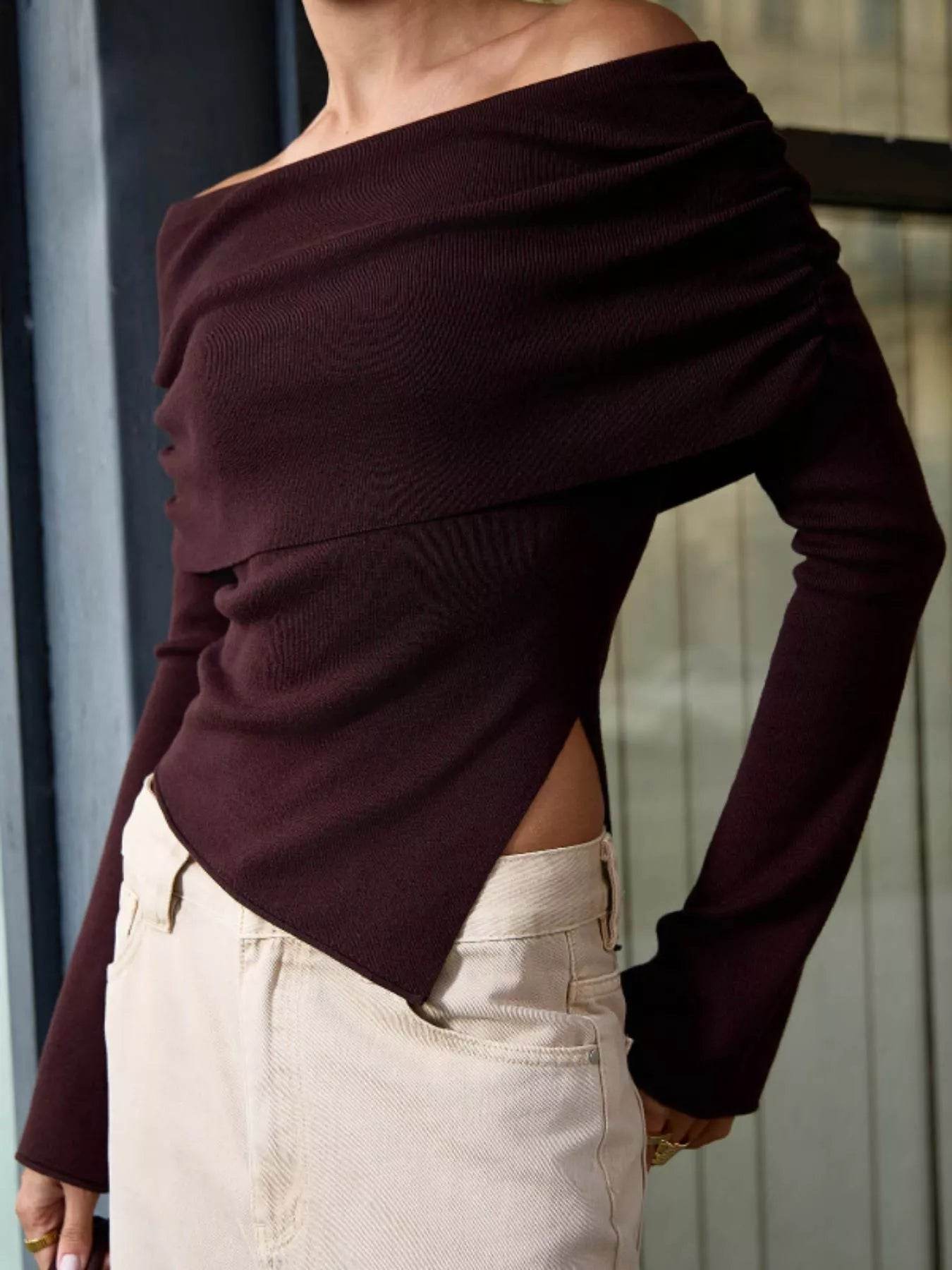 Asymmetrical Hem Off-Shoulder Long Sleeve Knit Top - ELY VESSA LLC