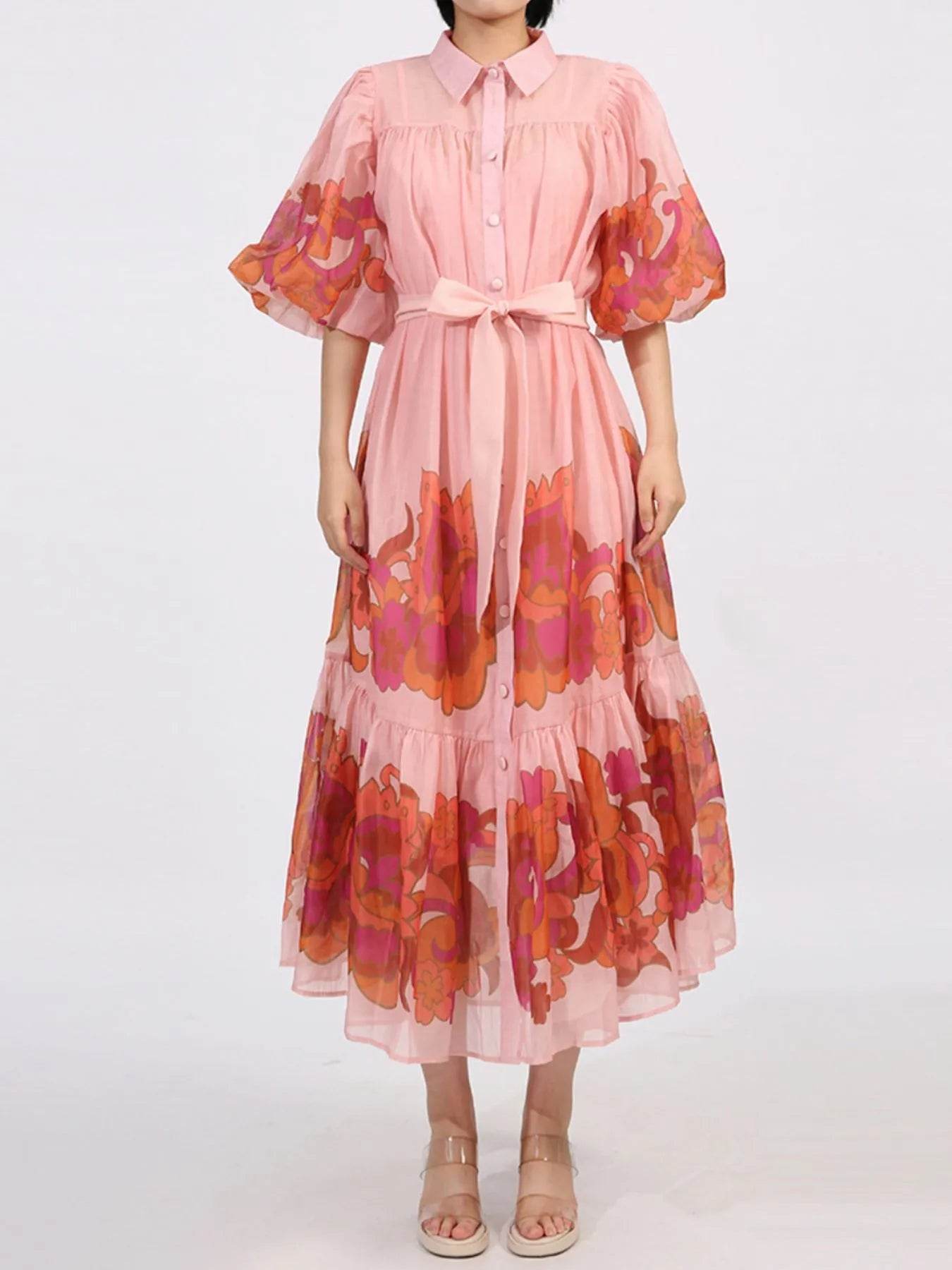 Button Front Puff Sleeve Dress - ELY VESSA LLC