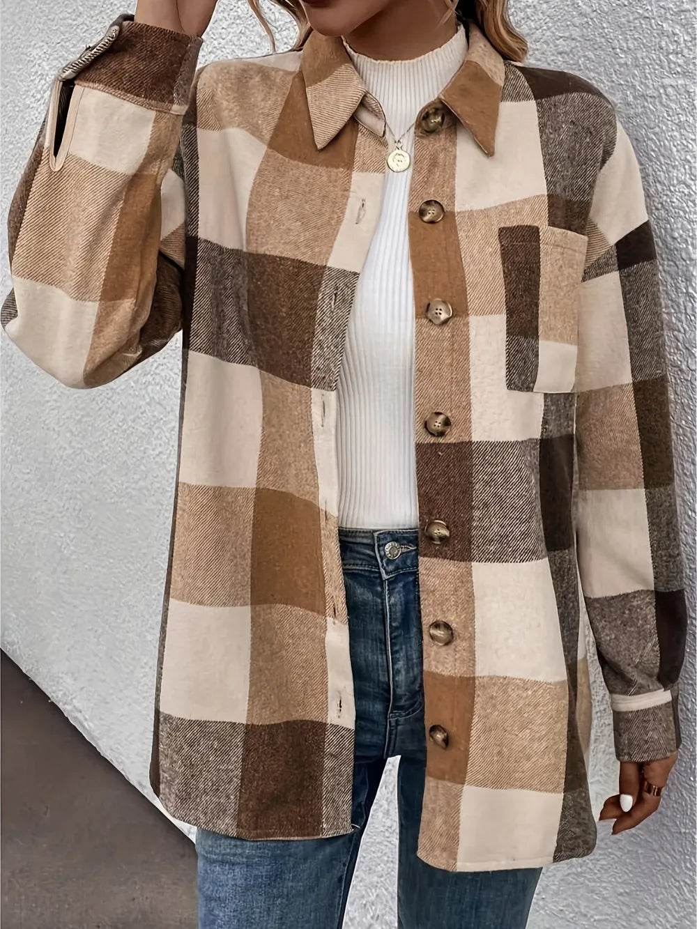 Curved Hem Plaid Collared Neck Shacket - ELY VESSA LLC