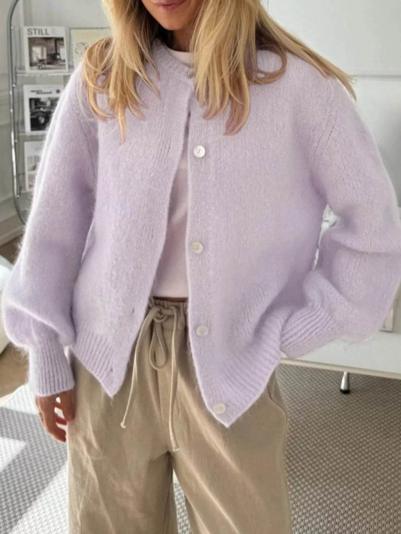 Button-Front Round Neck Cardigan - ELY VESSA LLC