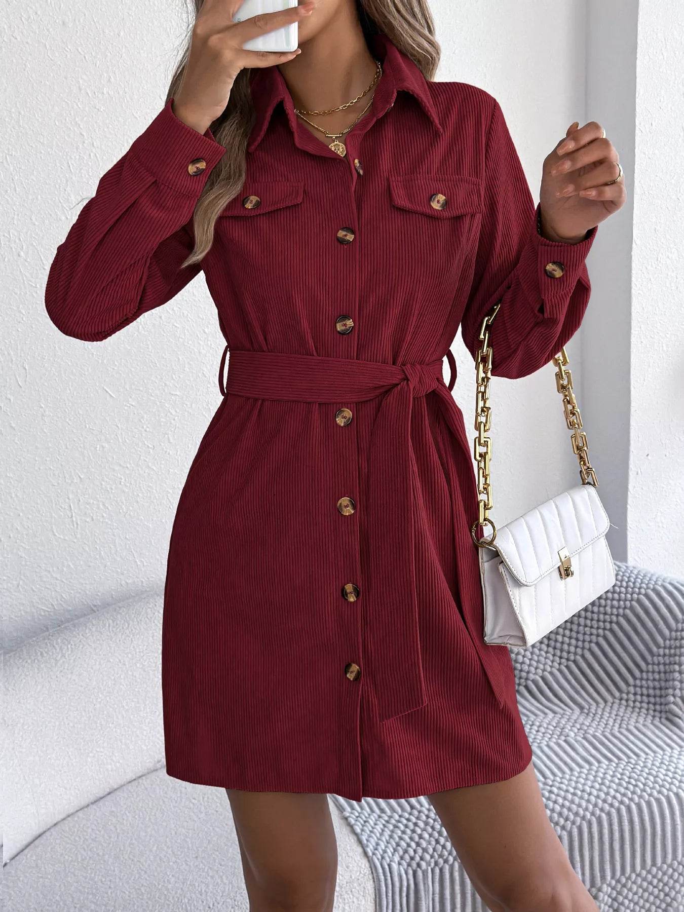 Button-Front Corduroy Shirt Dress - ELY VESSA LLC
