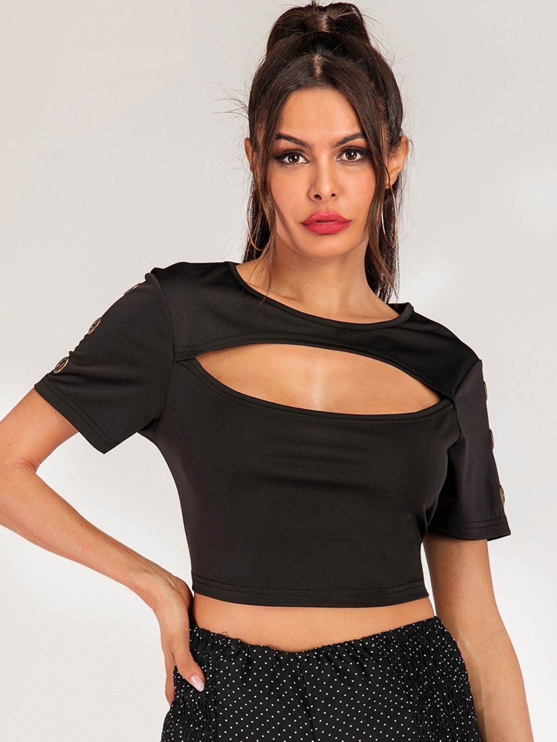 Cutout Grommet Detail Cropped Tee - ELY VESSA LLC