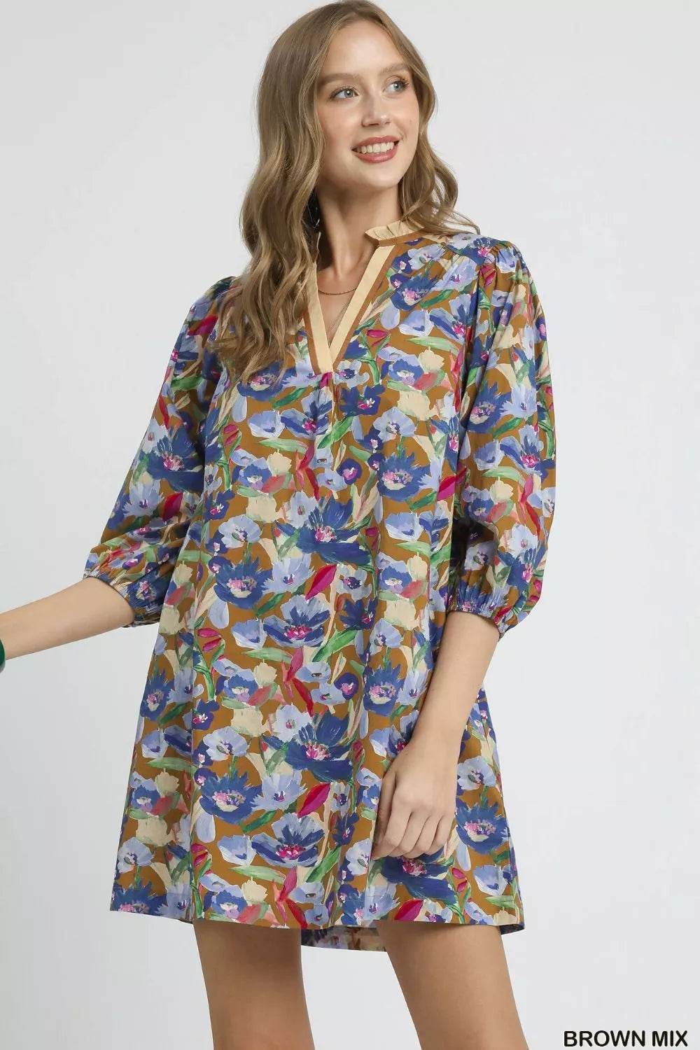 Umgee Boho Floral Balloon Sleeve Mini Dress - ELY VESSA LLC