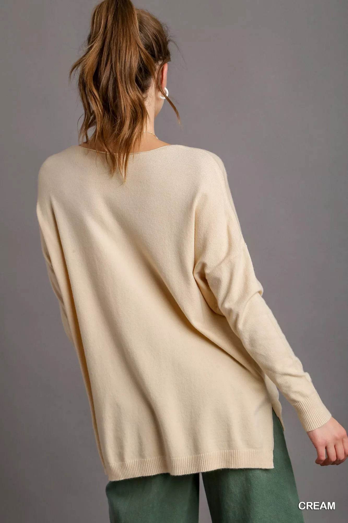 Umgee V-Neck High Low Hem Knit Top with Side Slit - ELY VESSA LLC