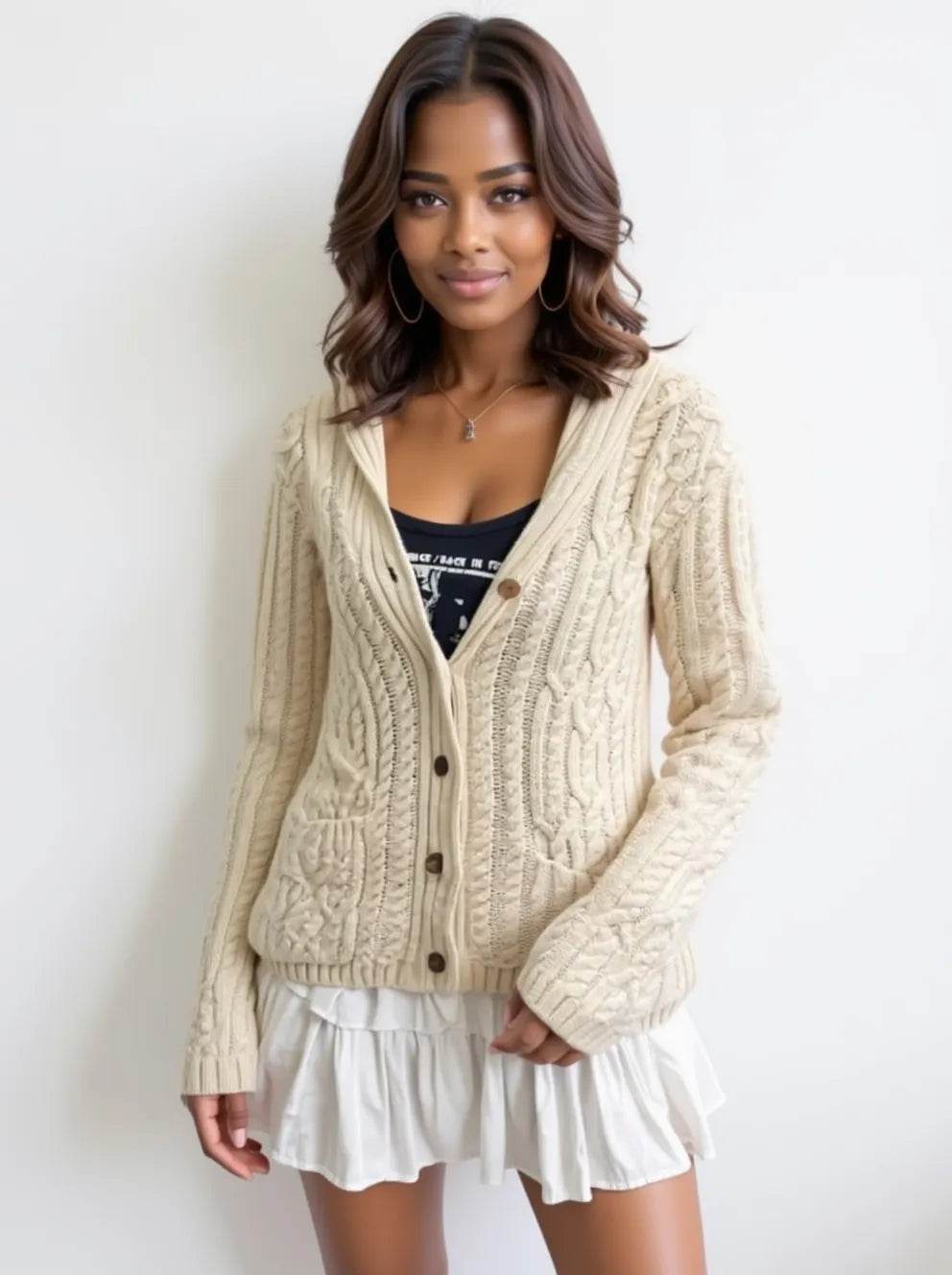 Cable Knit Button Up Cardigan - ELY VESSA LLC