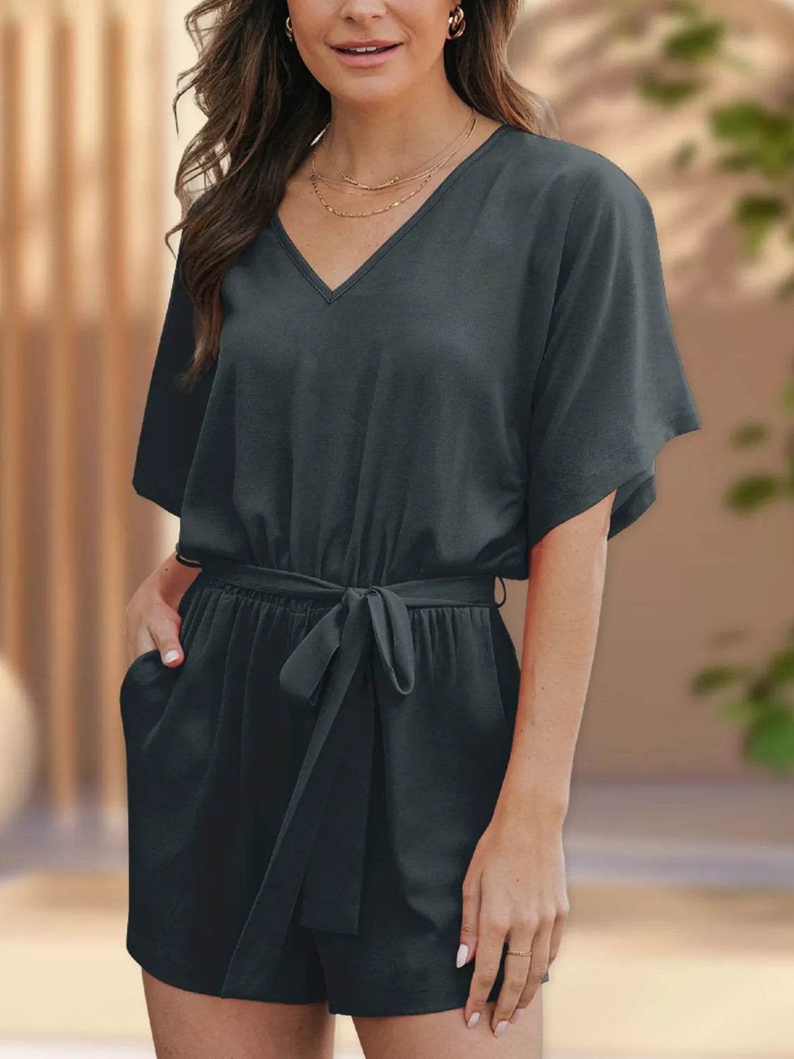 V-Neck Half Sleeve Tie Waist Romper - ELY VESSA LLC