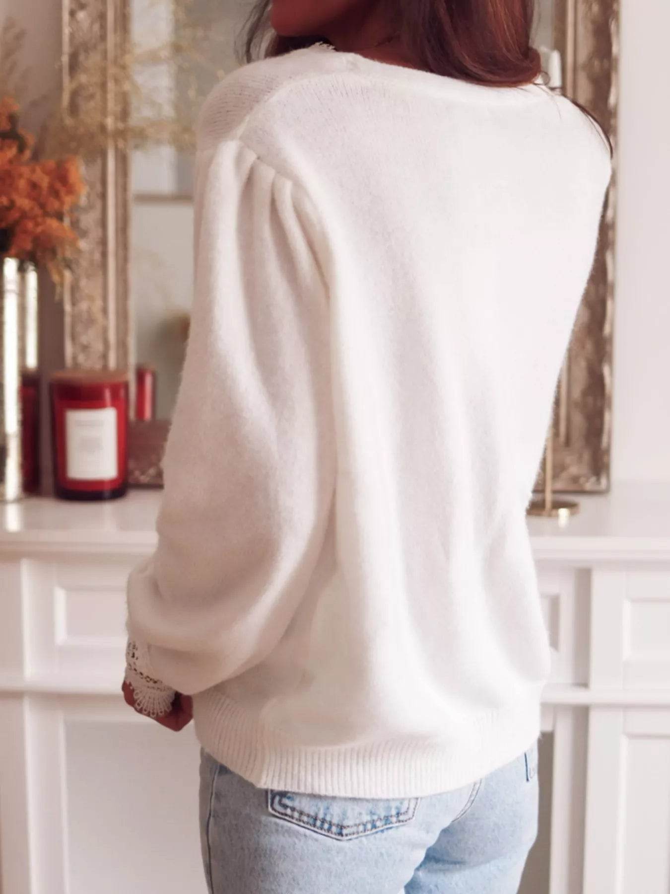 Lace Trim V-Neck Cardigan - ELY VESSA LLC