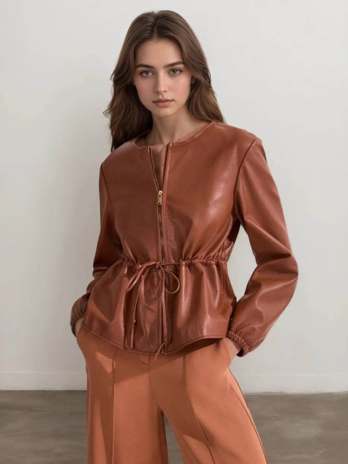 Drawstring Zip Up Leather Jacket - ELY VESSA LLC