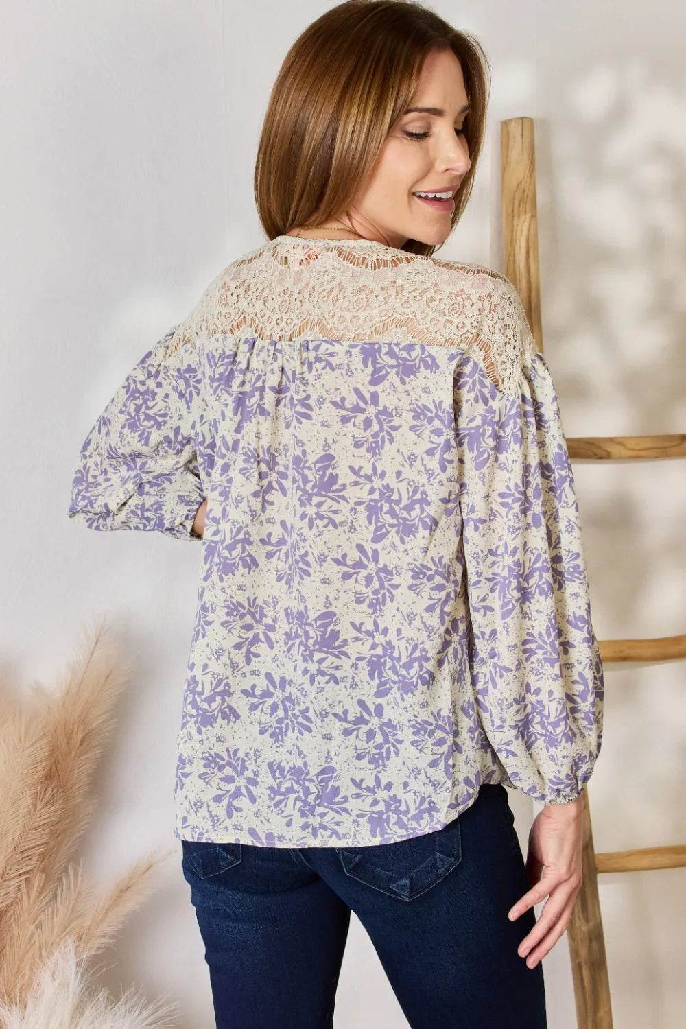 Hailey & Co Full Size Lace Detail Printed Blouse - ELY VESSA LLC