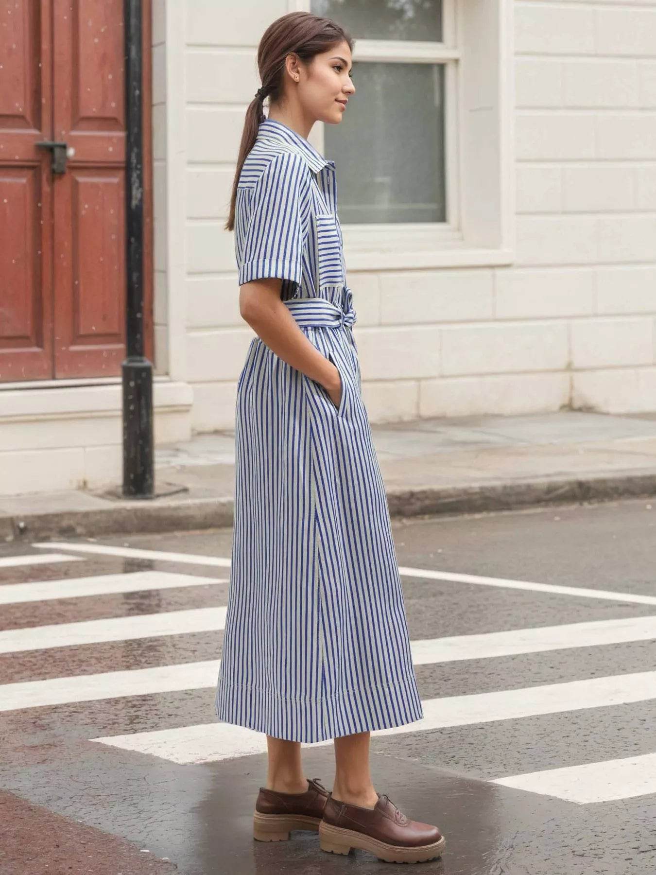 Striped Button Front Shirt Dress - ELY VESSA LLC