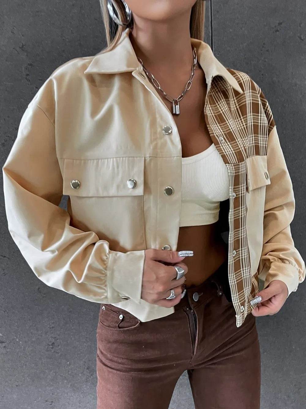 Snap Down Color Block Plaid Jacket - ELY VESSA LLC