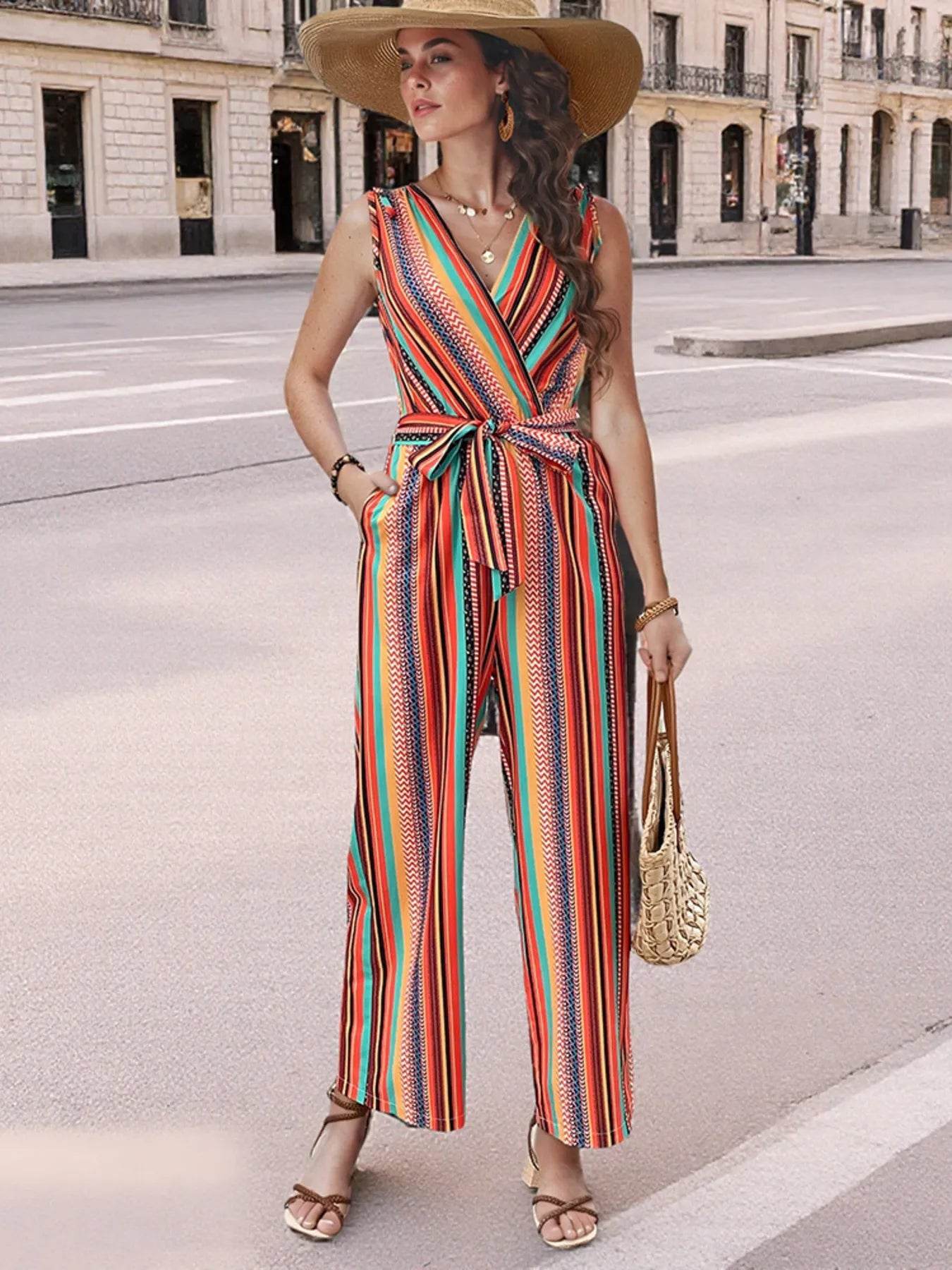 Striped Sleeveless Tie Waist Jumpsuit - ELY VESSA LLC