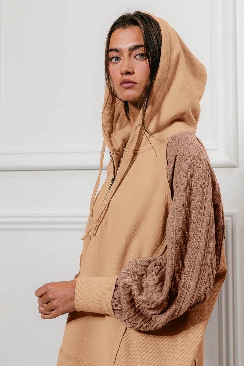 BiBi Half Zip French Terry Hoodie with Kint Sleeves - ELY VESSA LLC