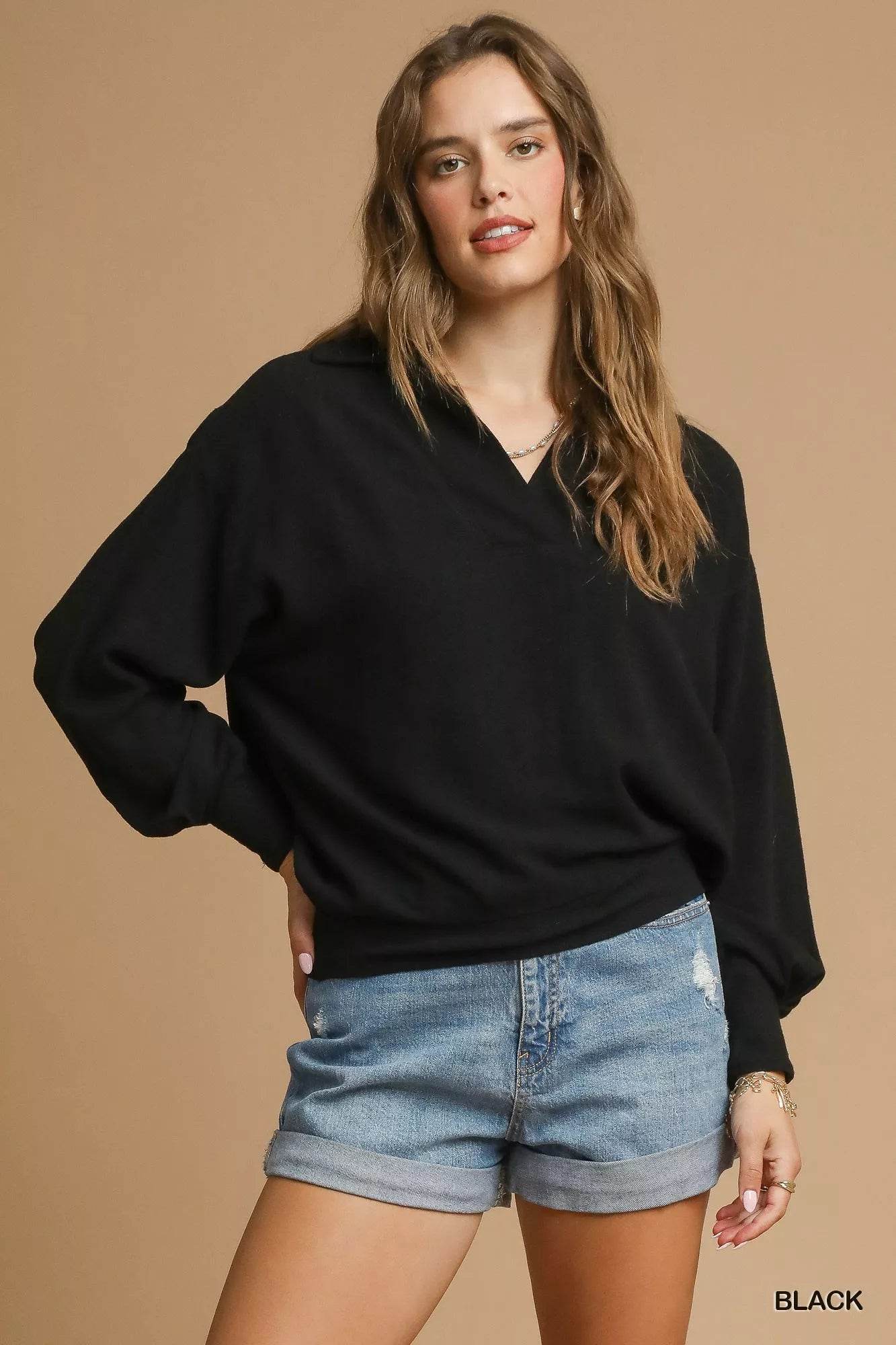 Umgee Linen Long Sleeves Elastic Hem Blouse - ELY VESSA LLC