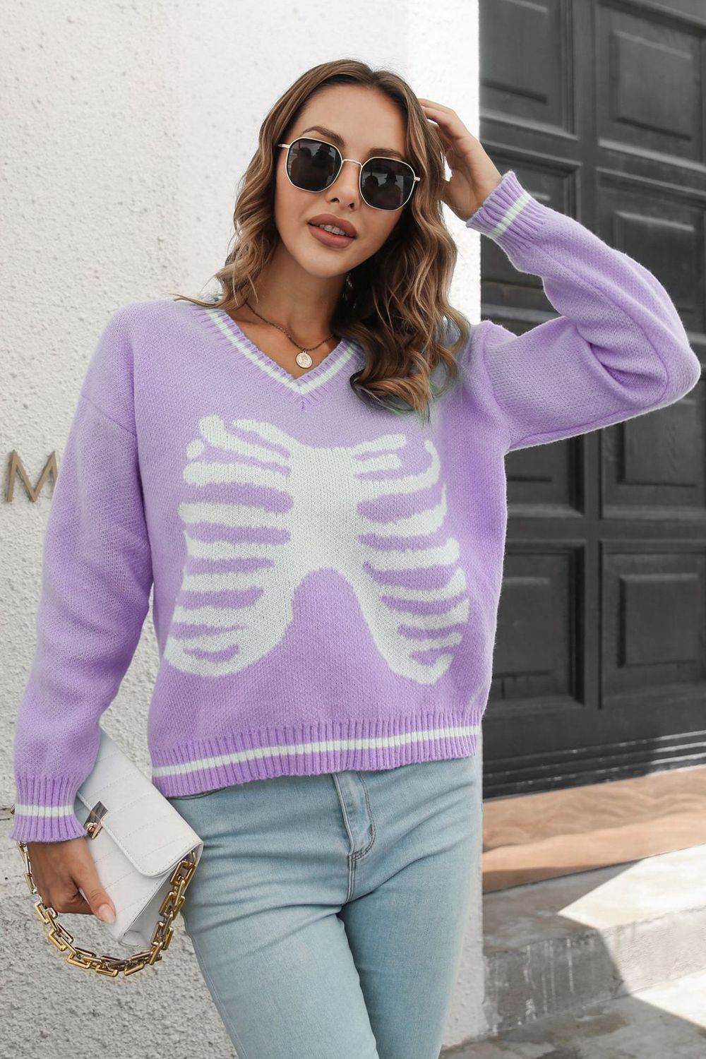Skeleton Pattern V-Neck Long Sleeve Pullover Sweater - ELY VESSA LLC