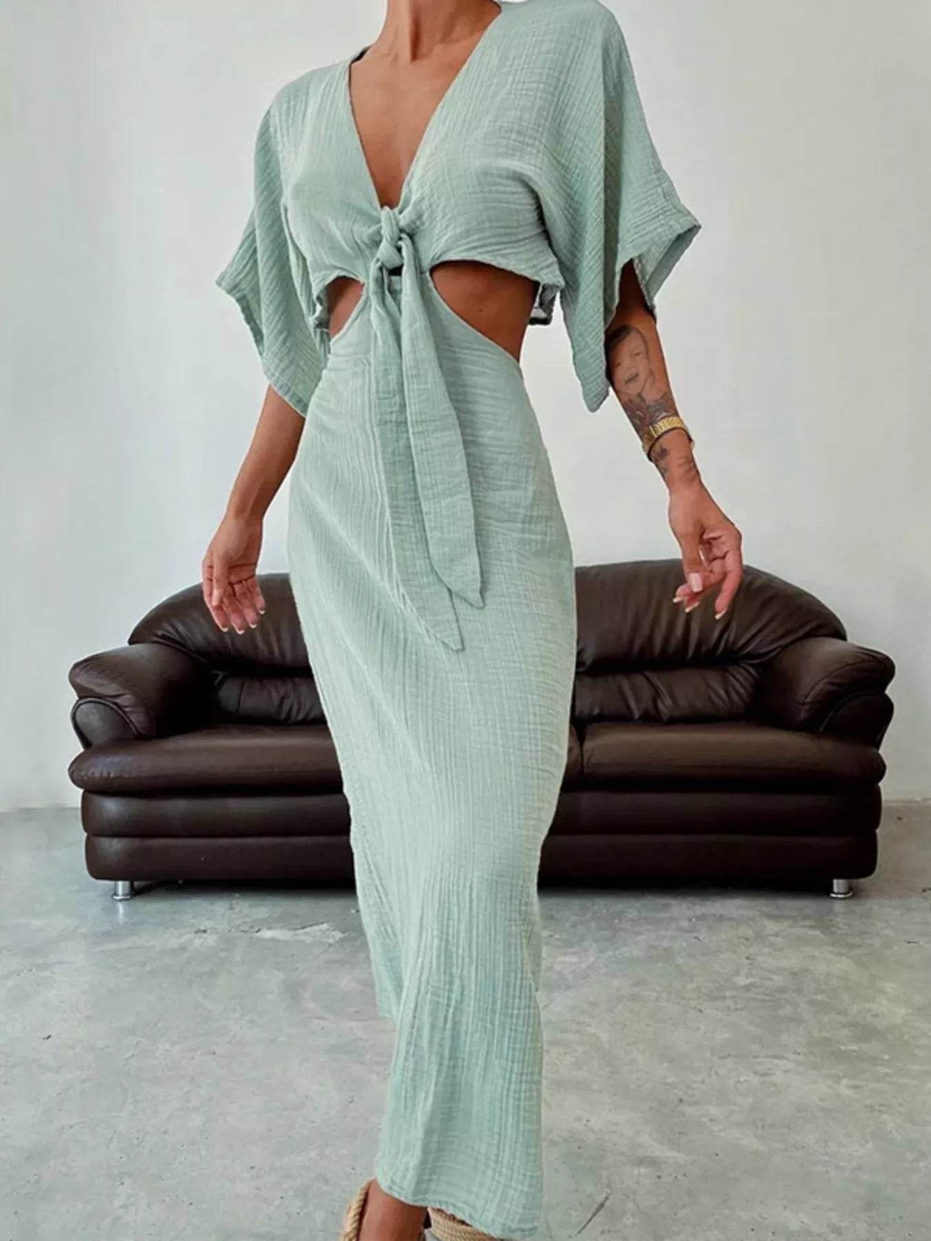 Tie Front Cutout Maxi Dress - ELY VESSA LLC