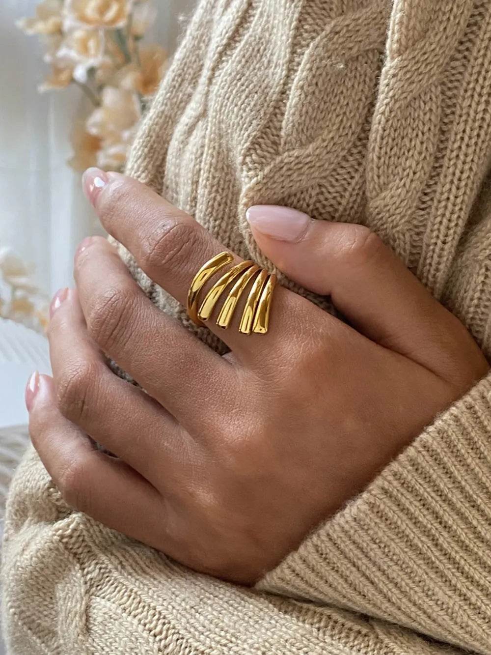 18K Gold-Plated Stainless Steel Irregular Lines Open Ring - ELY VESSA LLC
