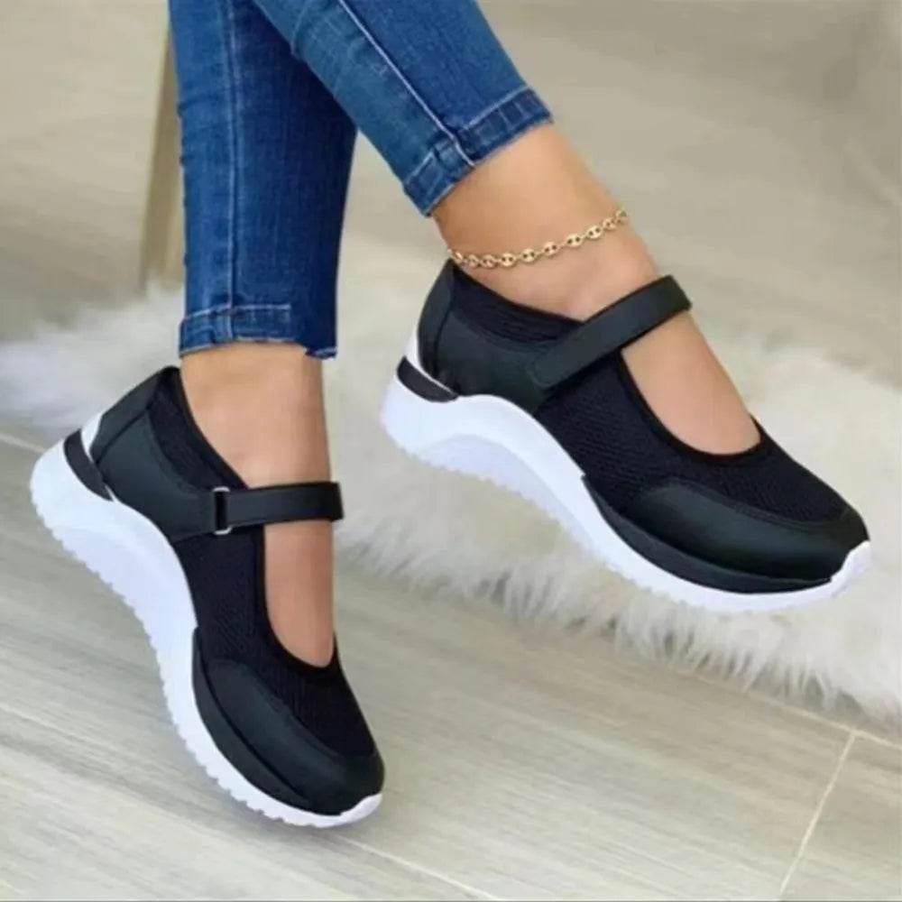 Velcro Strap Round-Toe Wedge Sneakers - ELY VESSA LLC
