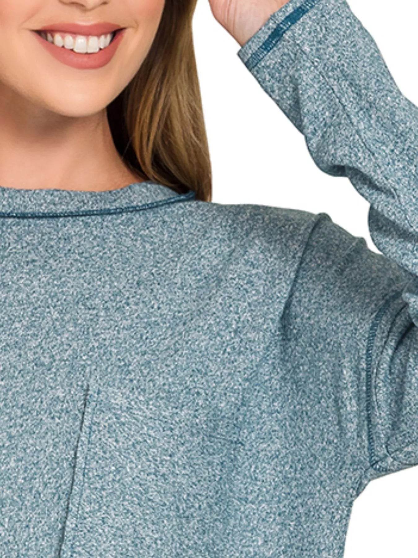Zenana Soft Melange Hacci Round-Neck Long Sleeve T-Shirt - ELY VESSA LLC