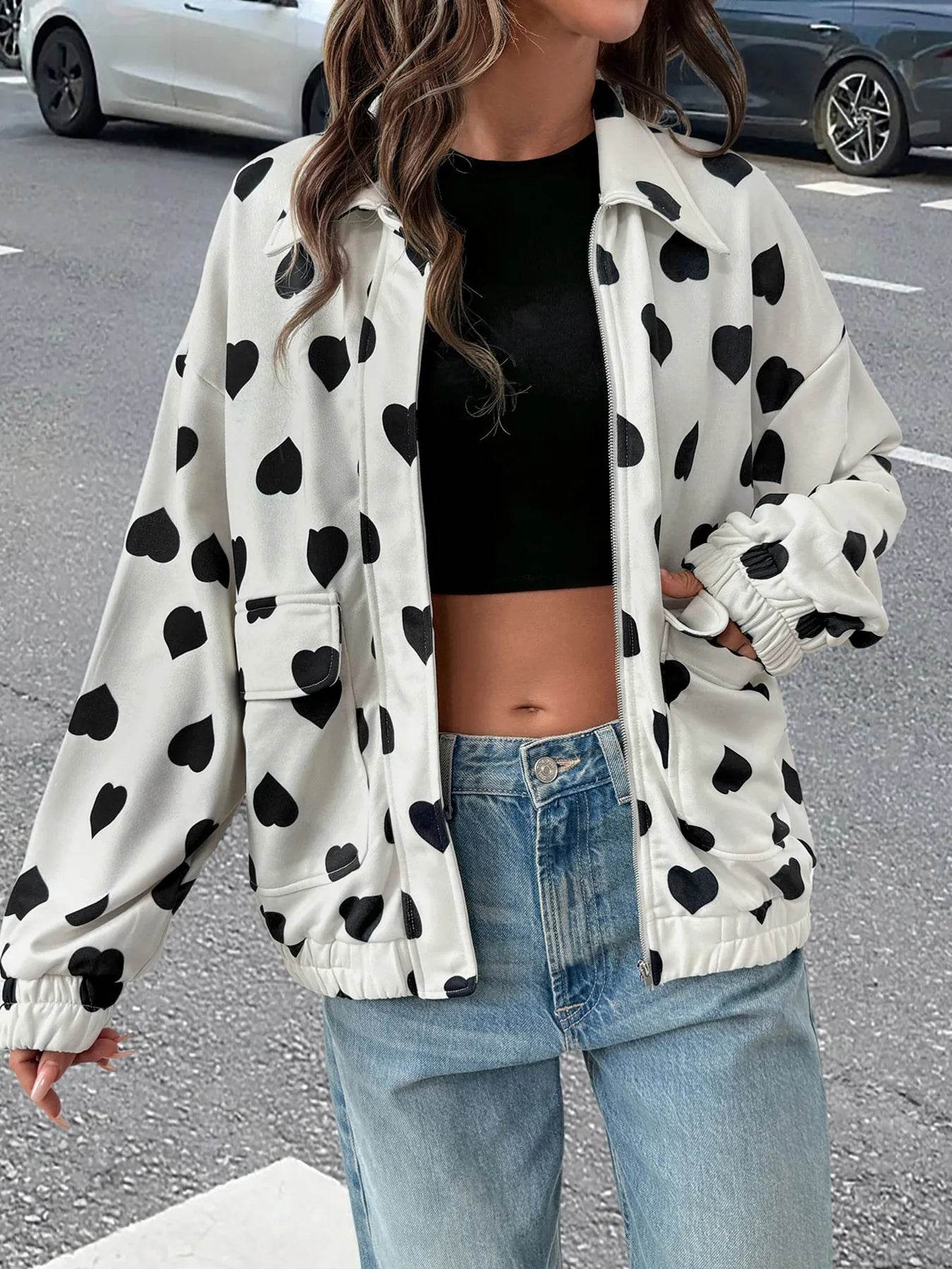 Heart Print Zip Up Jacket - ELY VESSA LLC