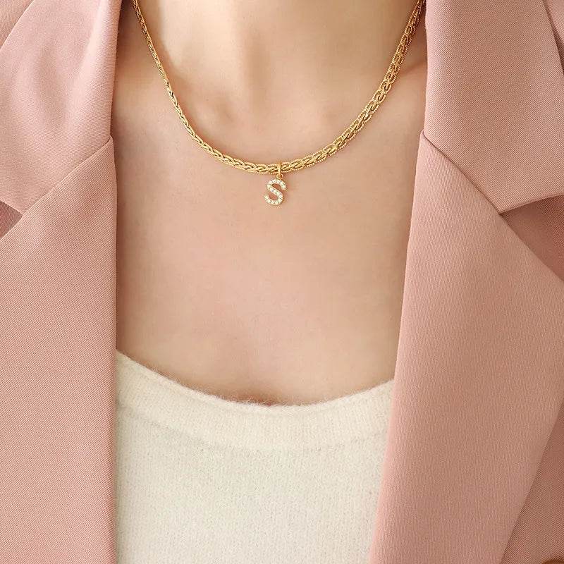 Brass Inlaid Zircon Letter Pendant Necklace - ELY VESSA LLC
