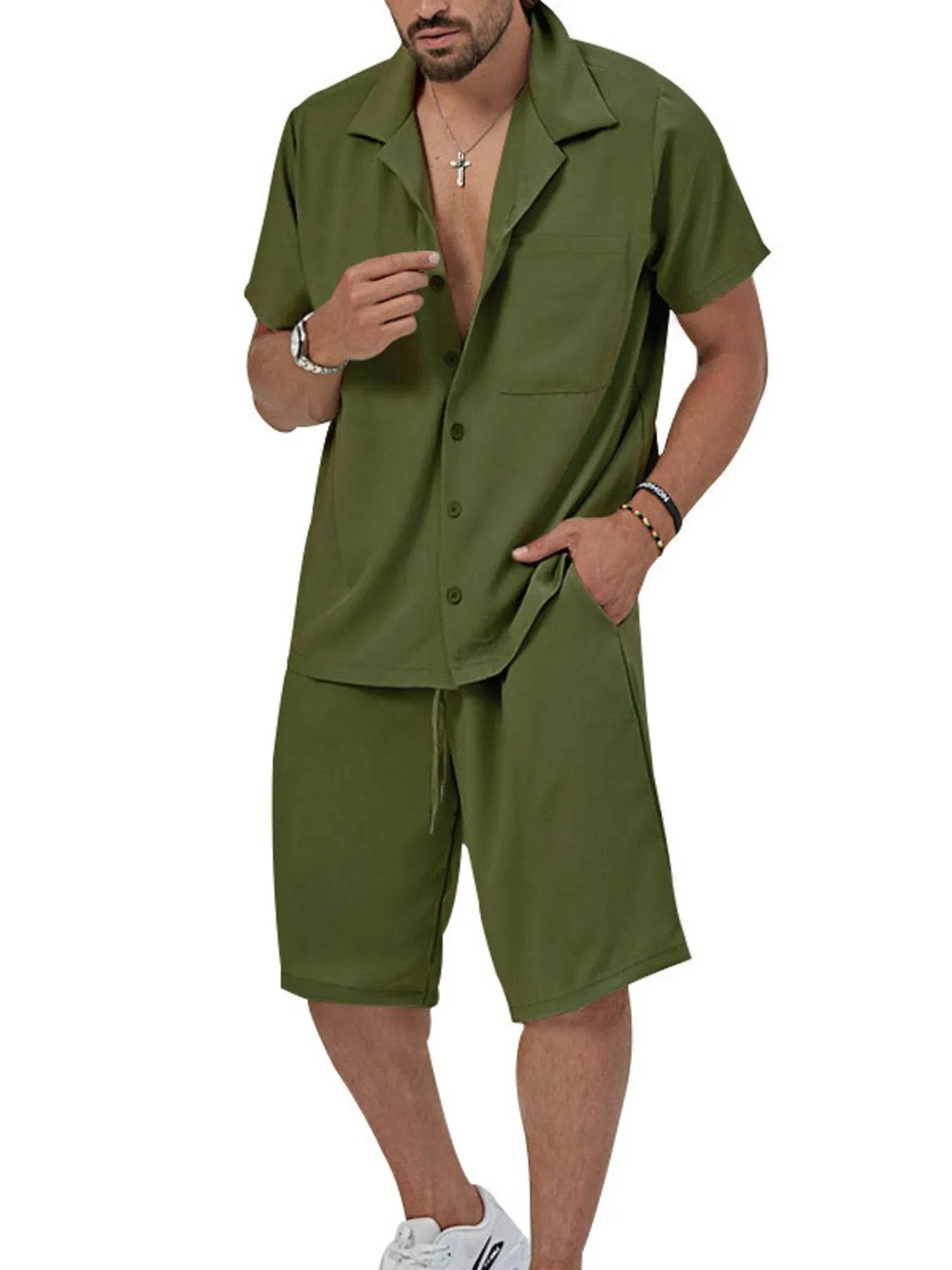 Men's Plus Size Button Up Short Sleeve Shirt and Shorts Set - ELY VESSA LLC