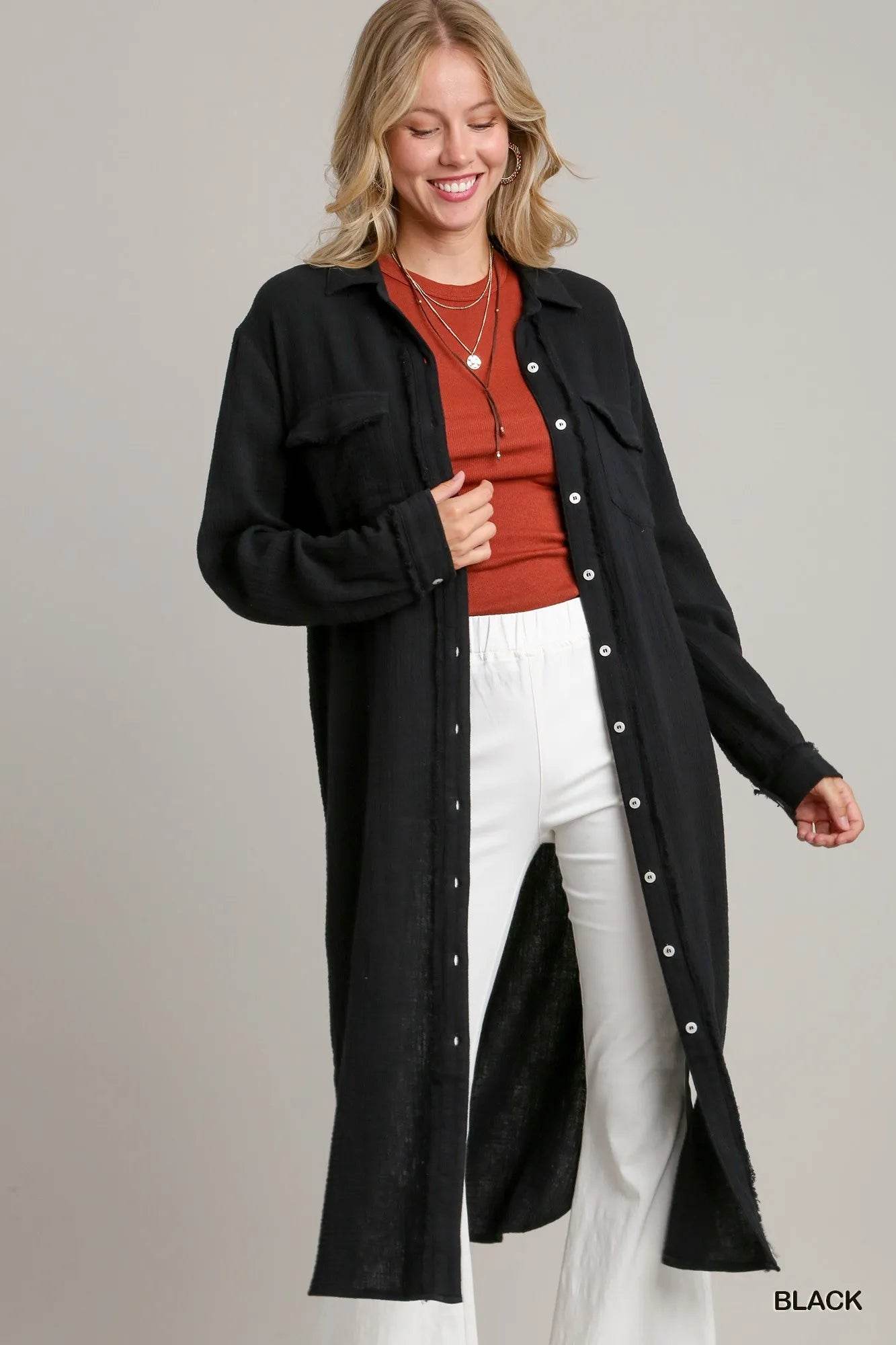 Umgee Cotton Gauze Button Down Shirt Dress - ELY VESSA LLC