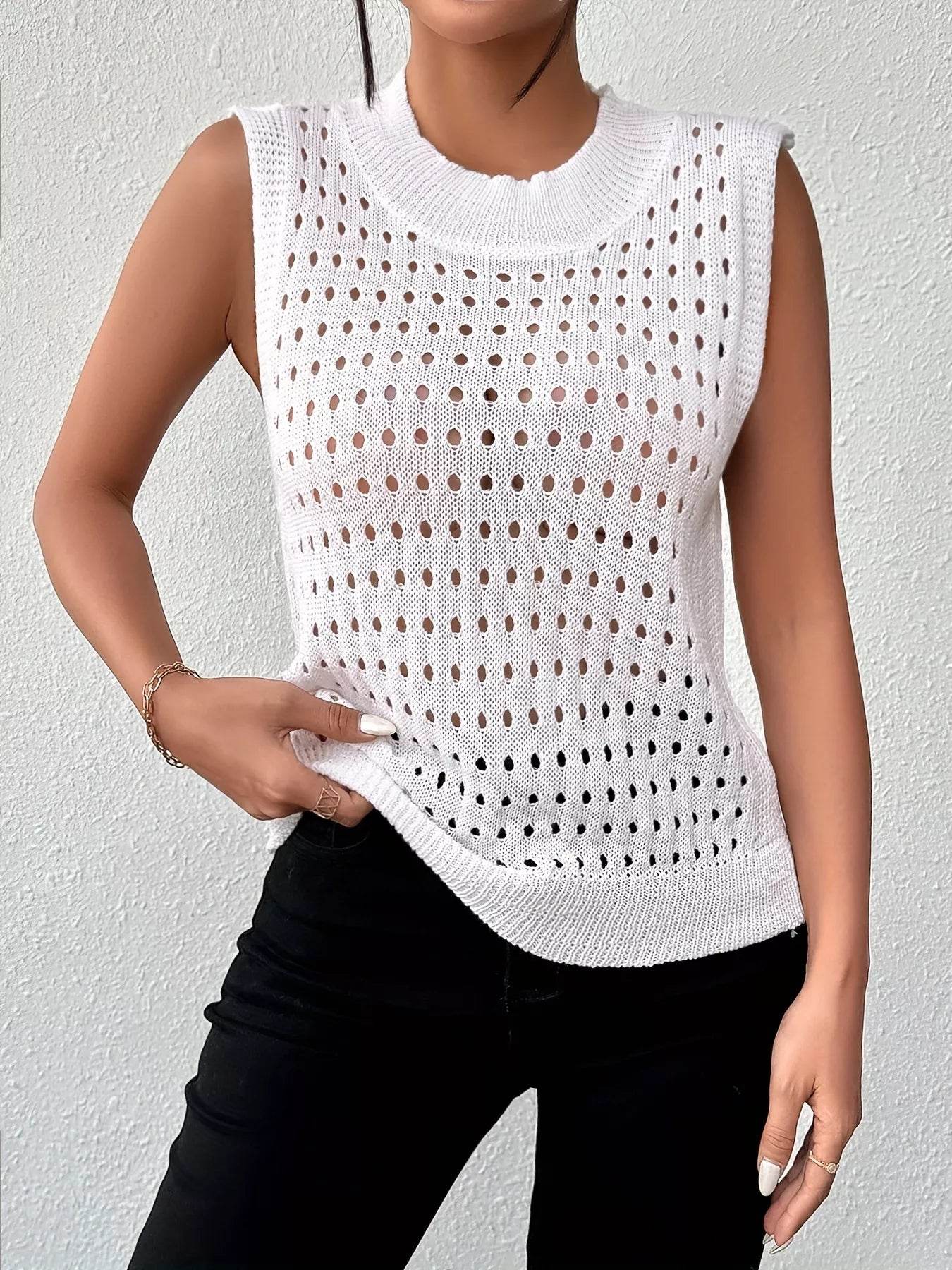 Hollow Out Round Neck Knit Tank - ELY VESSA LLC