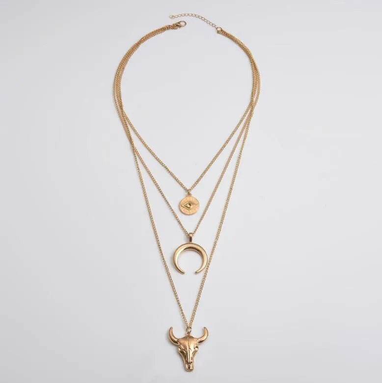 Alloy Three-Layered Bull Head Pendant Necklace - ELY VESSA LLC