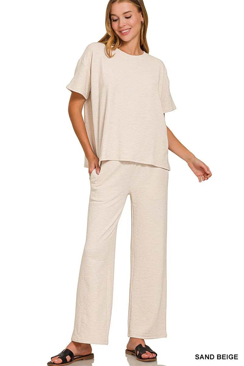 Zenana Slub Short Sleeve T-Shirt and Pants Set - ELY VESSA LLC
