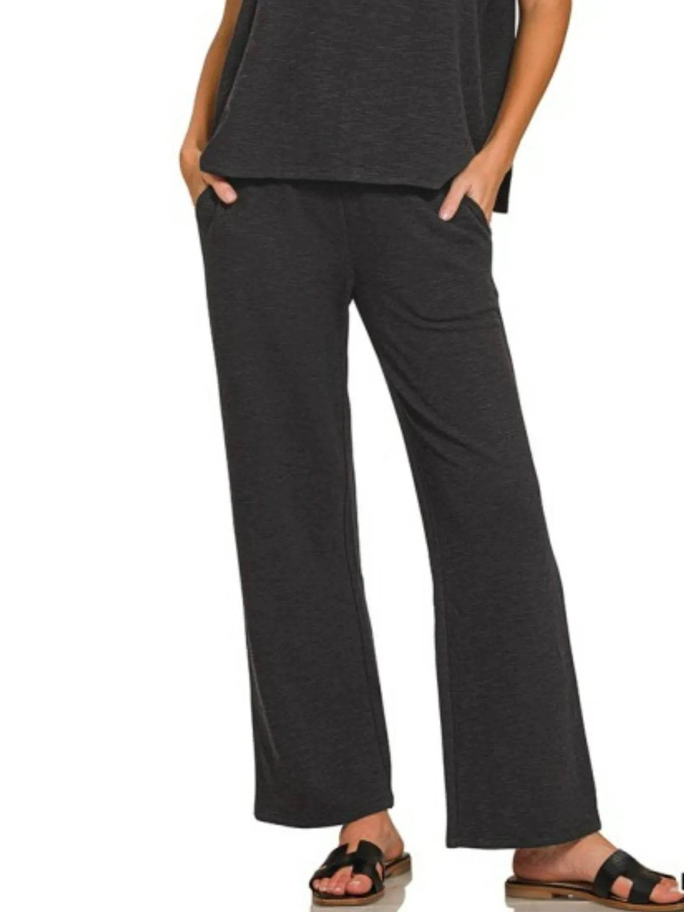 Zenana Slub Short Sleeve T-Shirt and Pants Set - ELY VESSA LLC