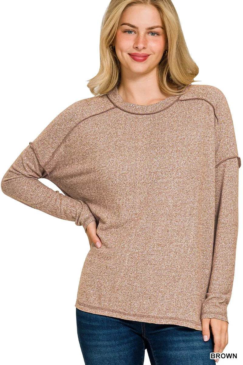 Zenana Full Size Melange Hacci Exposed Seam Hi-low Tee Plus Size - ELY VESSA LLC