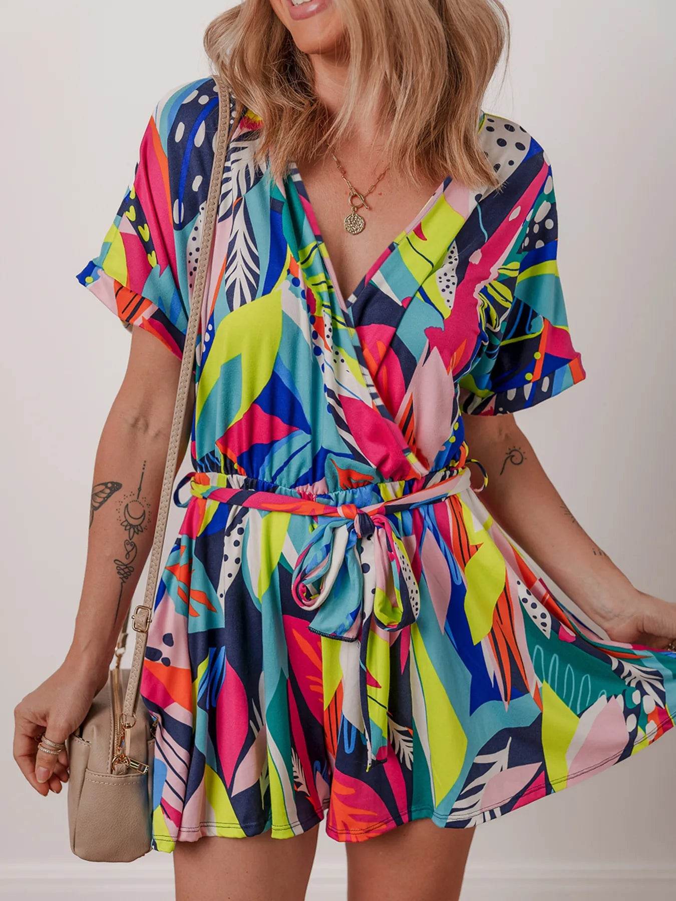 Multicolour Tropical Printed Surplice Neck Tie Waist Romper - ELY VESSA LLC