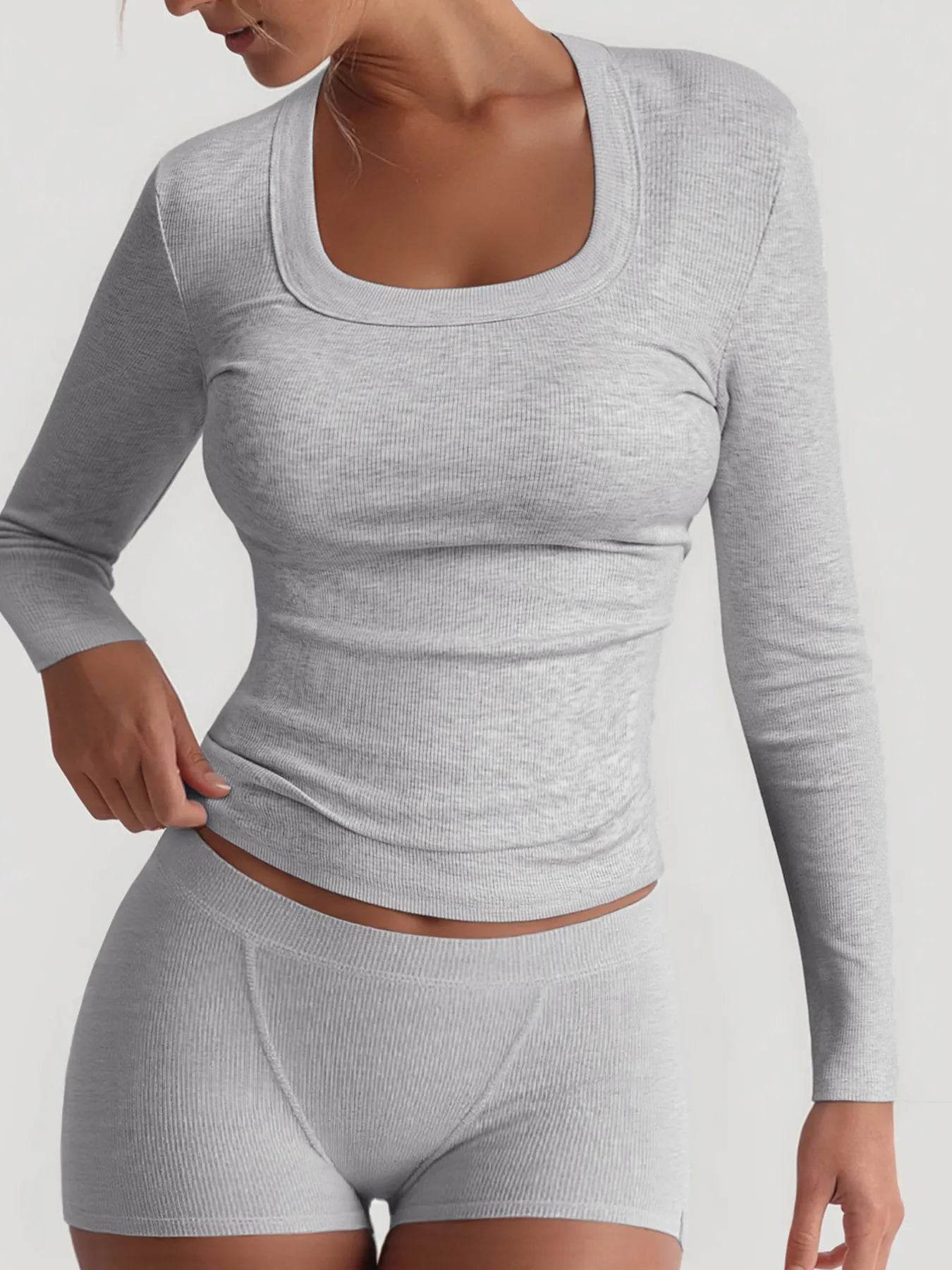 Square Neck Long Sleeve Top and Shorts Set - ELY VESSA LLC