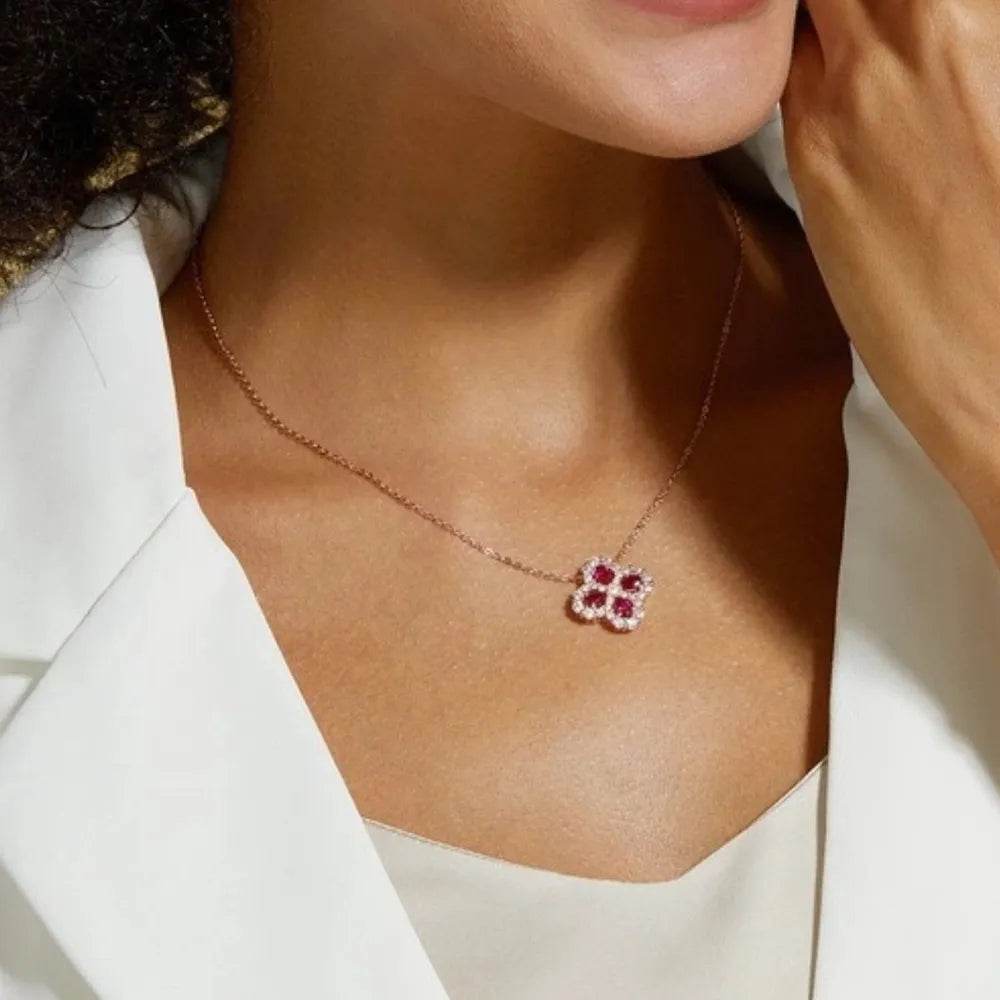 925 Sterling Silver Lab-Grown Ruby Flower Shape Necklace - ELY VESSA LLC