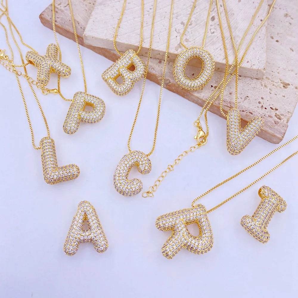 Inlaid Zircon Bubble Initial Necklace - ELY VESSA LLC