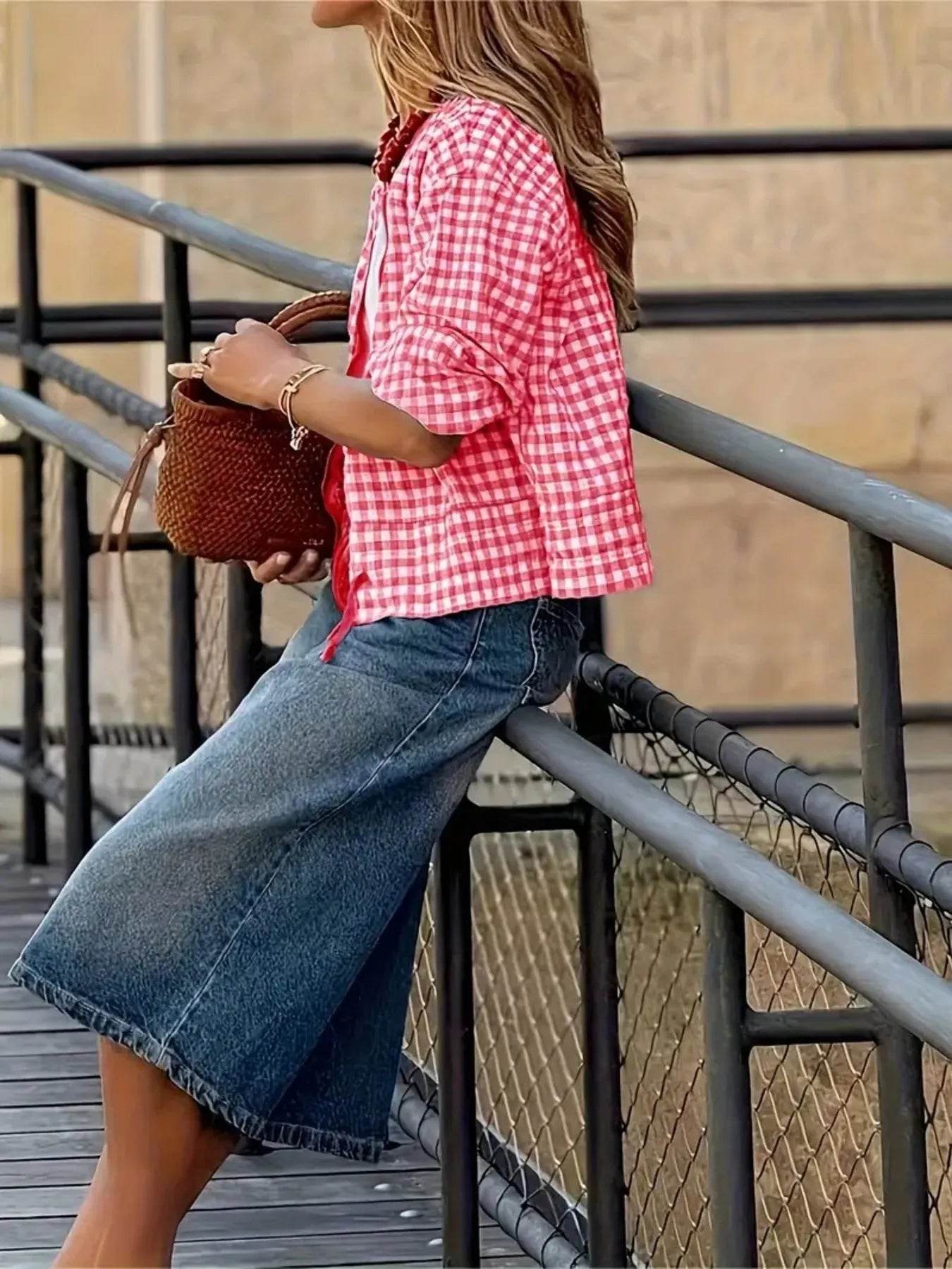Plaid Zip Up Long Sleeve Jacket - ELY VESSA LLC