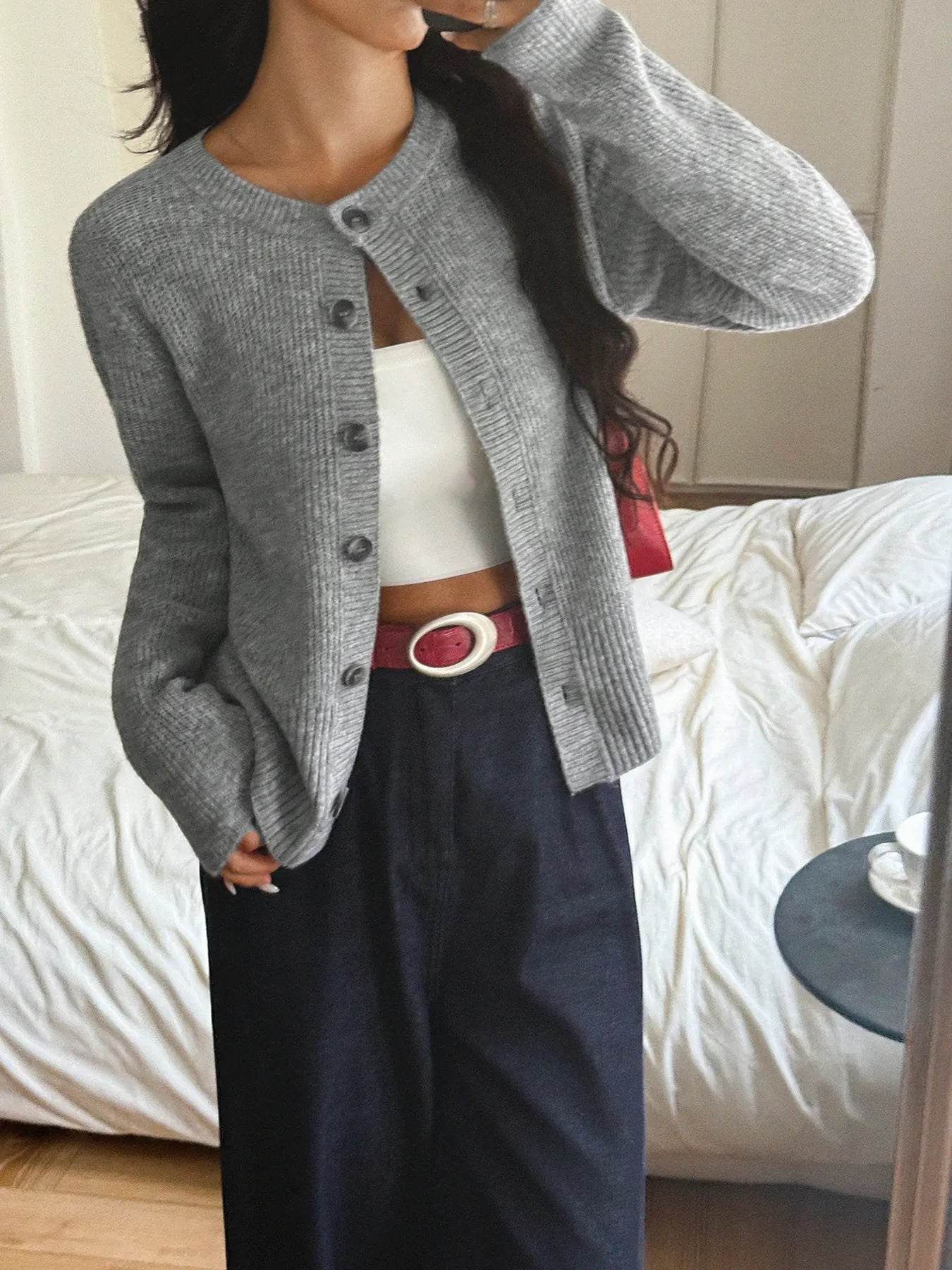 Button-Up Ribbed Knit Cardigan - ELY VESSA LLC