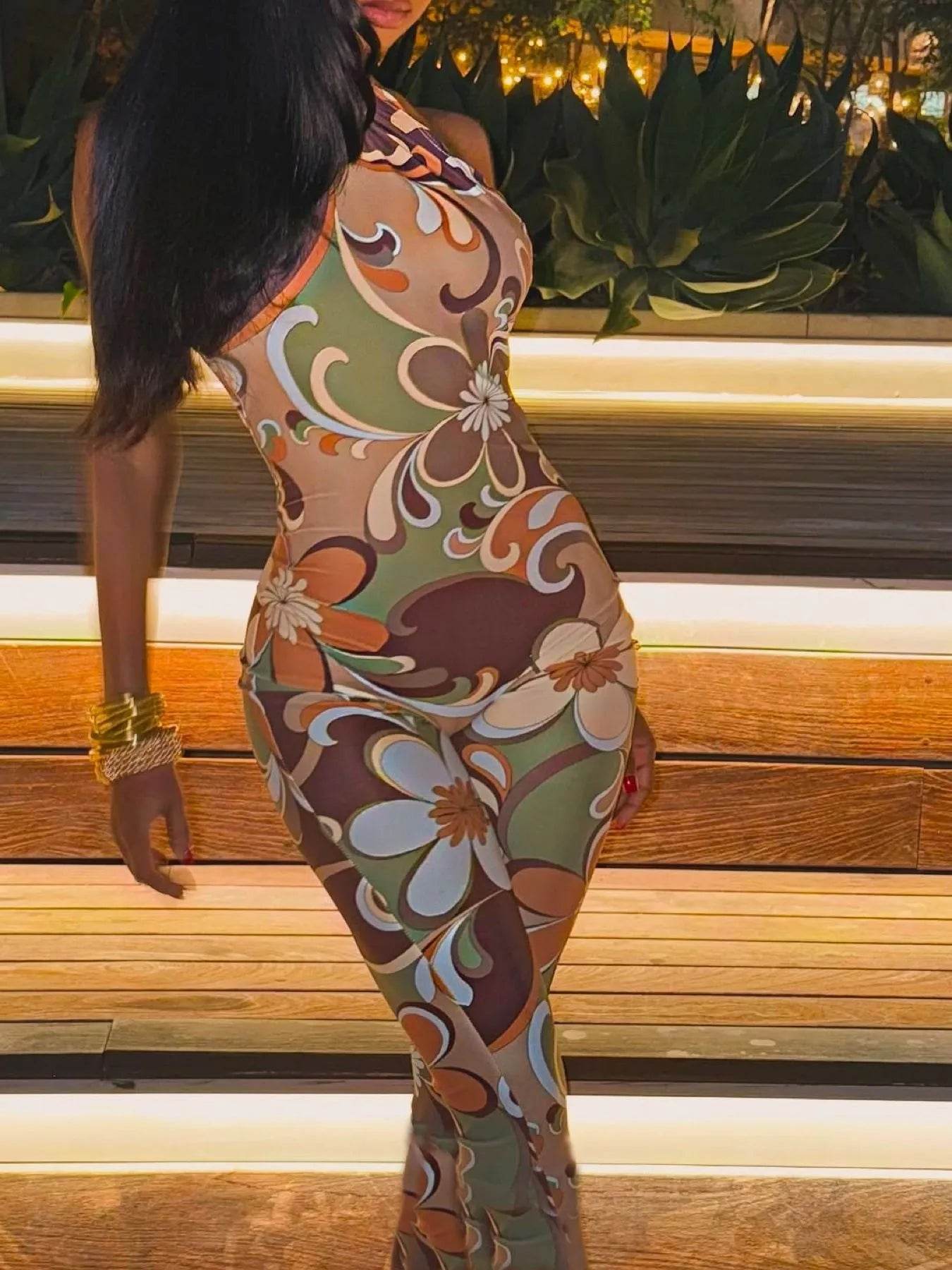 Tropical Print Halter Neck Bodycon Jumpsuit - ELY VESSA LLC